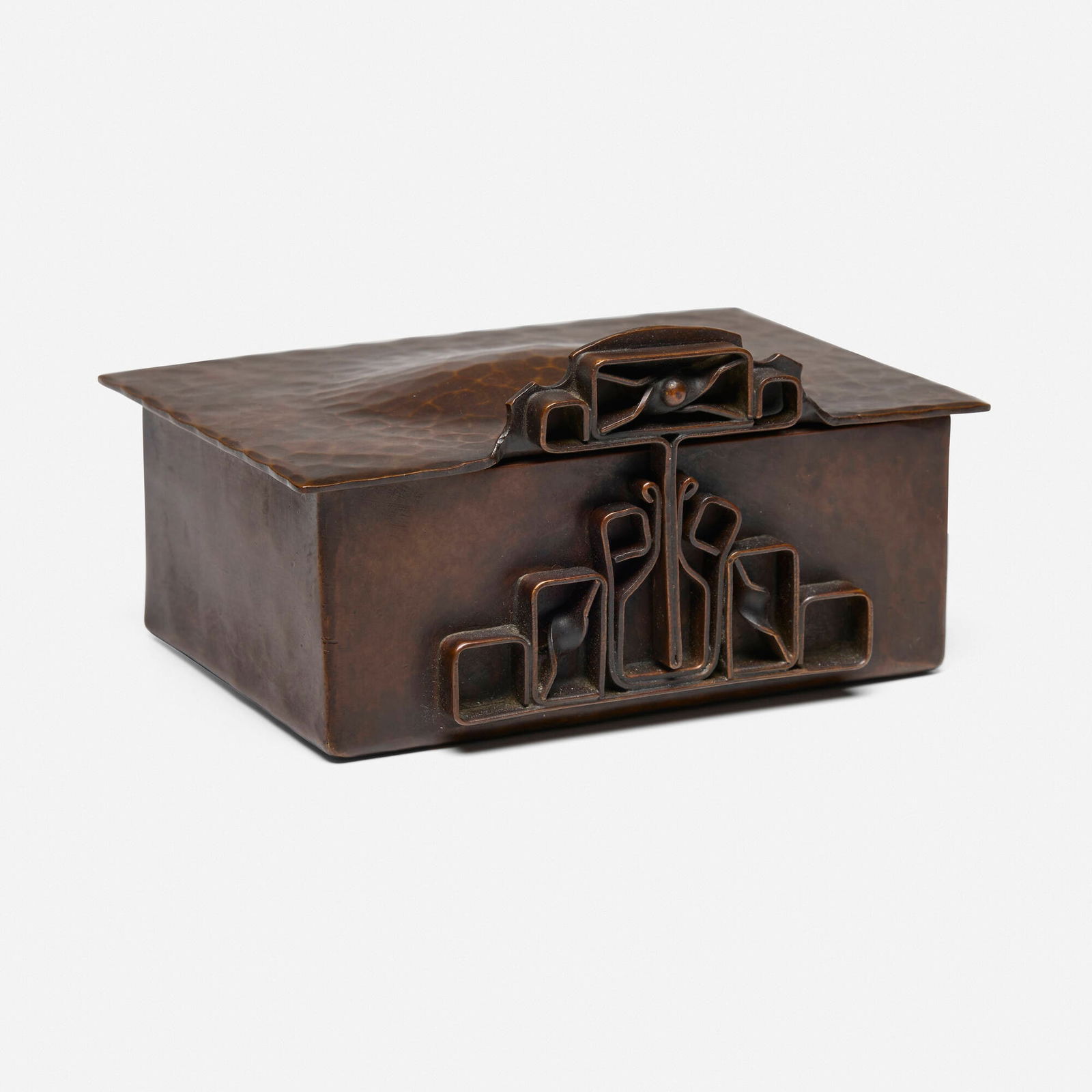 Harry St. John Dixon, Puzzle box: Harry St. John Dixon Puzzle box USA, after 1925handwrought copper 3 h x 5.5 w x 4 d in (8 x 14 x 10 cm) Impressed signature to underside 'Harry Dixon San Francisco' with metalsmith.