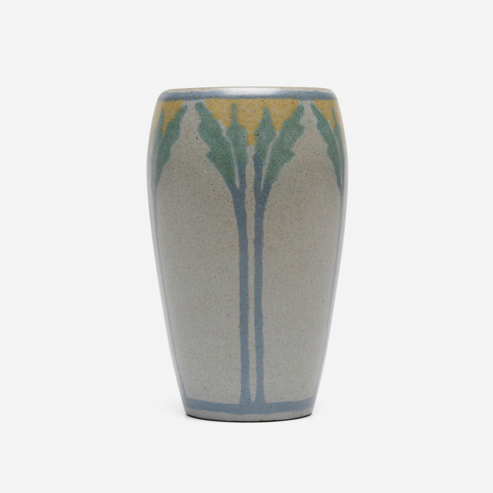 Marblehead Pottery, Vase with stylized flowers: Marblehead Pottery Vase with stylized flowers USA, 1908-16glazed earthenware 5.25 h x 3.5 dia in (13 x 9 cm) Impressed manufacturer's mark to underside 'MP' with ship symbol and original paper