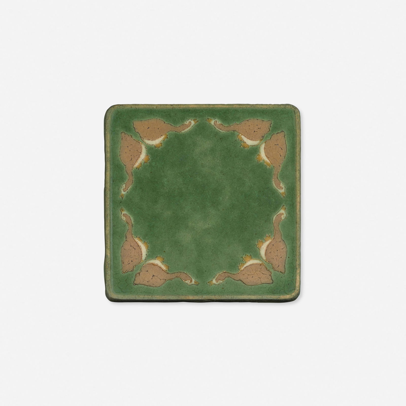 Grueby Faience Company, Trivet tile with geese: Grueby Faience Company Trivet tile with geese USA, c. 1905glazed earthenware decorated in cuenca 1.25 h x 9.625 w x 9.625 d in (3 x 24 x 24 cm) Glazed decorator's initials to underside 'SR'.