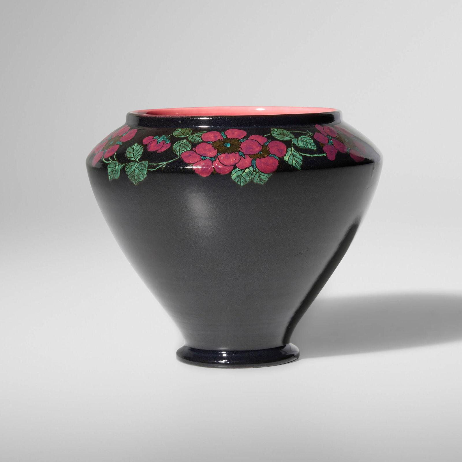 Sara Sax for Rookwood Pottery, Rare French Red vase with stylized wild roses: Sara Sax for Rookwood Pottery Rare French Red vase with stylized wild roses USA, 1922glazed earthenware 5.75 h x 6.75 dia in (15 x 17 cm) Impressed manufacturer's mark, date and number to unde