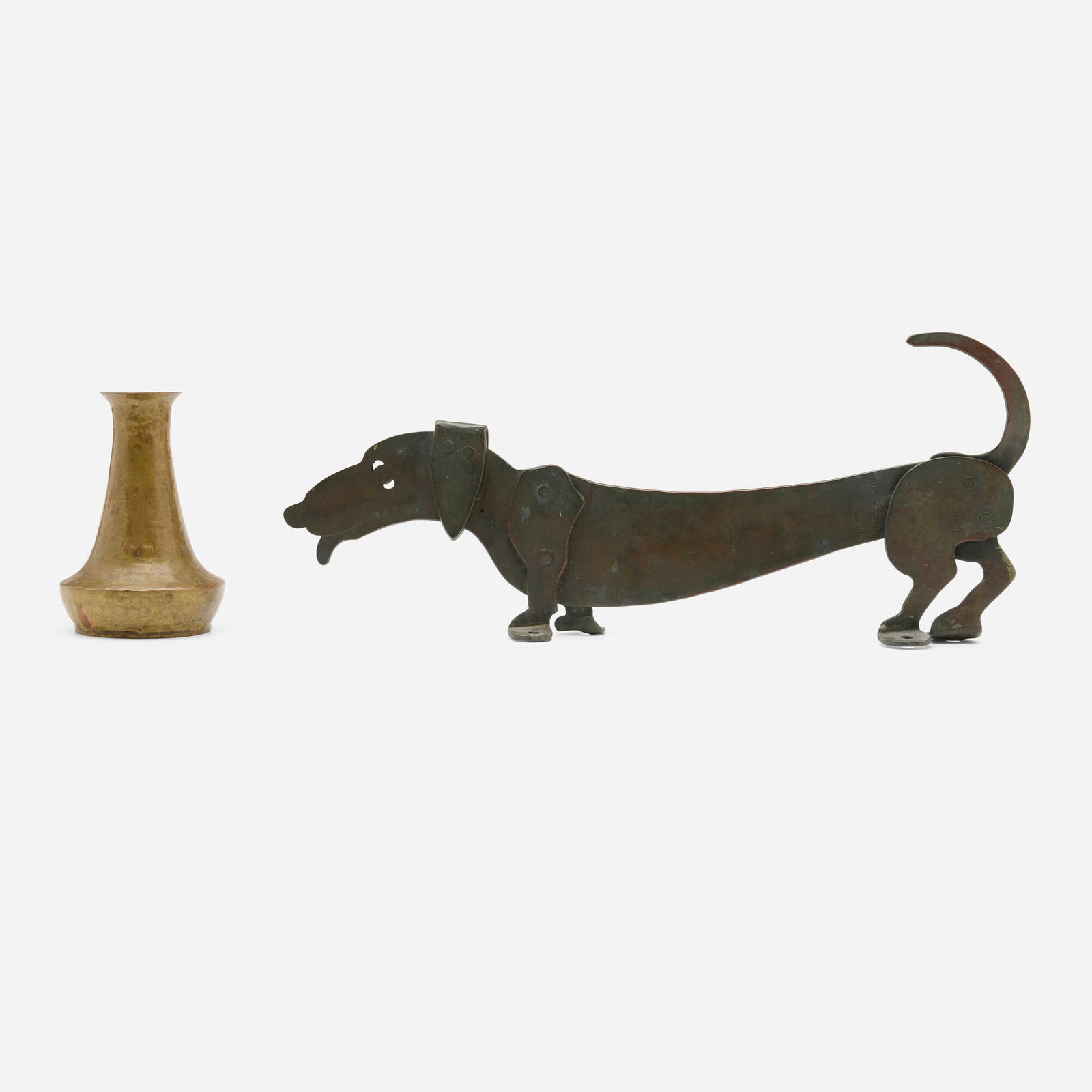Harry St. John Dixon, Dachshund boot scraper and vase: Harry St. John Dixon Dachshund boot scraper and vase USA, after 1925handwrought copper, handwrought brass 6.5 h x 16 w x 2 d in (17 x 41 x 5 cm) 5 h x 3.5 w in (13 x 9 cm) Impressed signatu