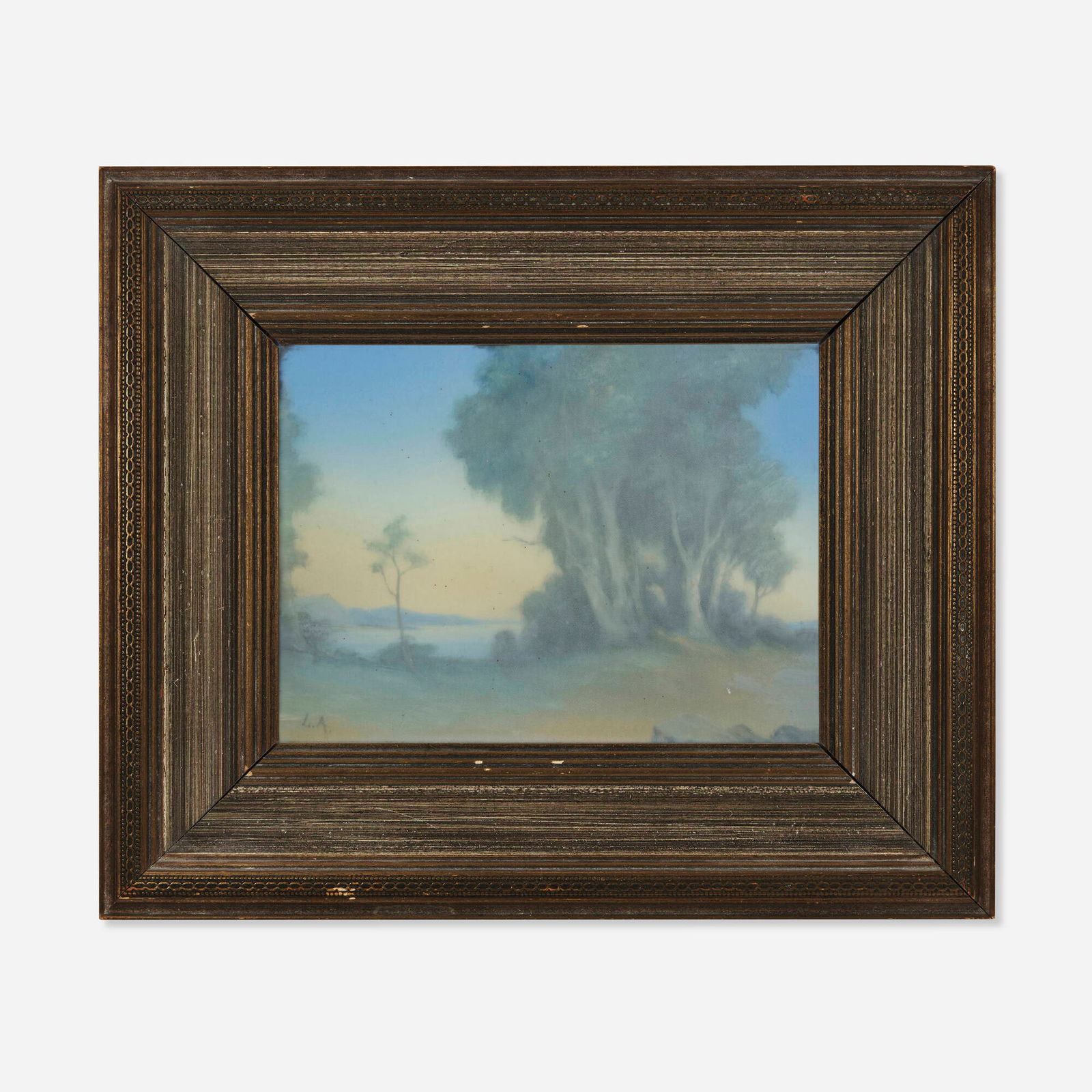 Lenore Asbury for Rookwood Pottery, Scenic Vellum plaque with trees and lake: Lenore Asbury for Rookwood Pottery Scenic Vellum plaque with trees and lake USA, 1926glazed earthenware, original frame sight: 6 h x 8 w in (15 x 20 cm) Glazed artist's initials to lower left