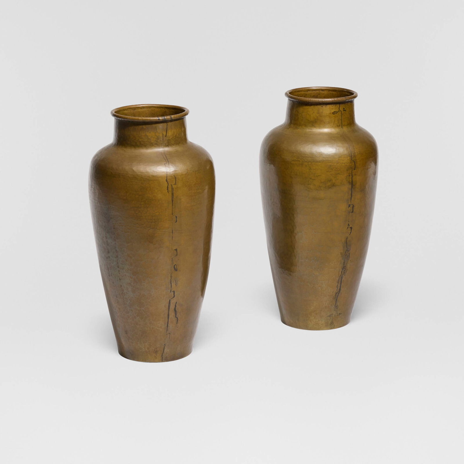 Harry St. John Dixon, Vases, pair: Harry St. John Dixon Vases, pair USA, 1920handwrought brass 13 h x 7 dia in (33 x 18 cm) Incised signature and date to underside 'Dixon San Francisco 1920'. Provenance: