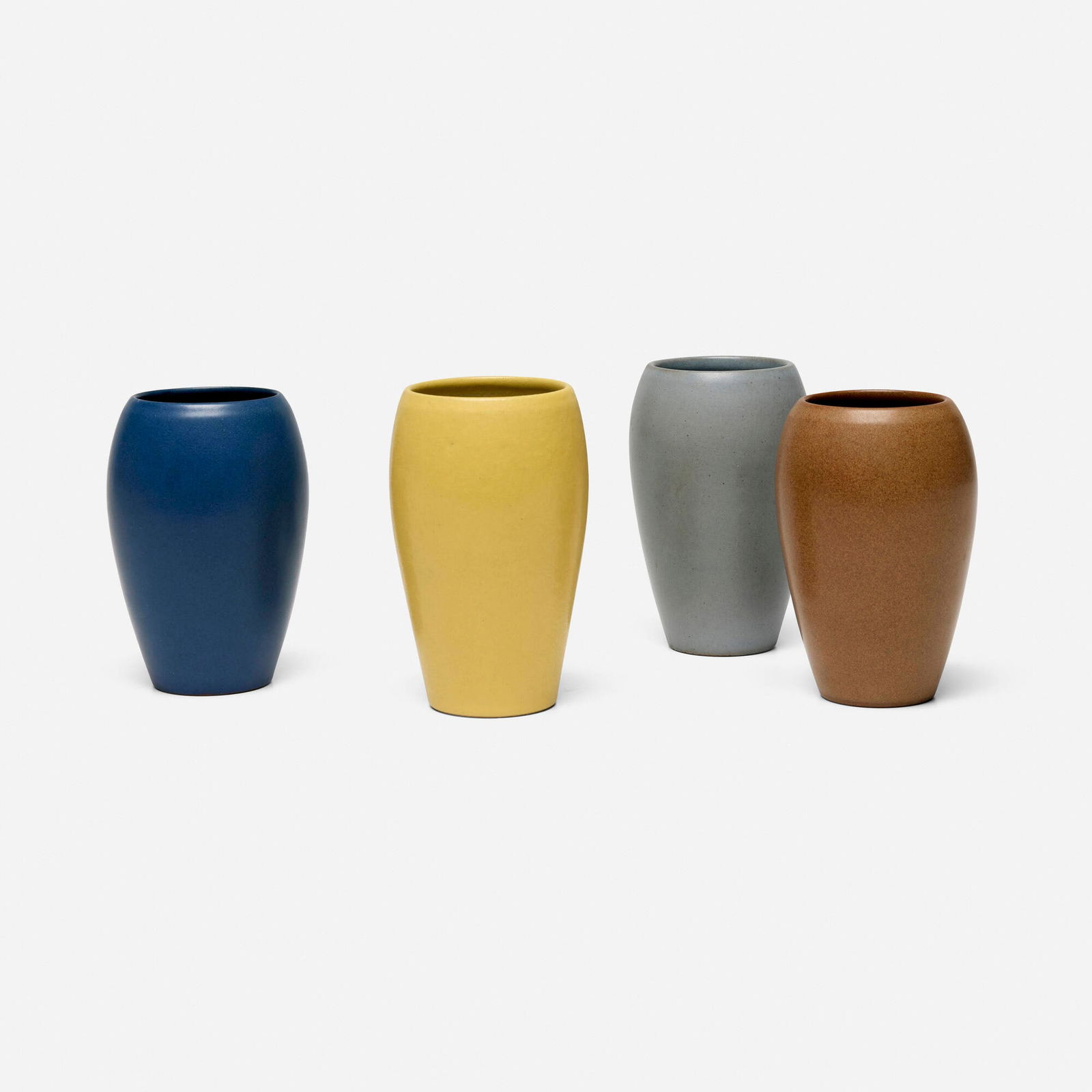 Marblehead Pottery, Collection of four vases: Marblehead Pottery Collection of four vases USA, c. 1920glazed earthenware 5.25 h x 3 dia in (13 x 8 cm) 5 h x 3 dia in (13 x 8 cm) Impressed manufacturer's mark to underside of each exampl