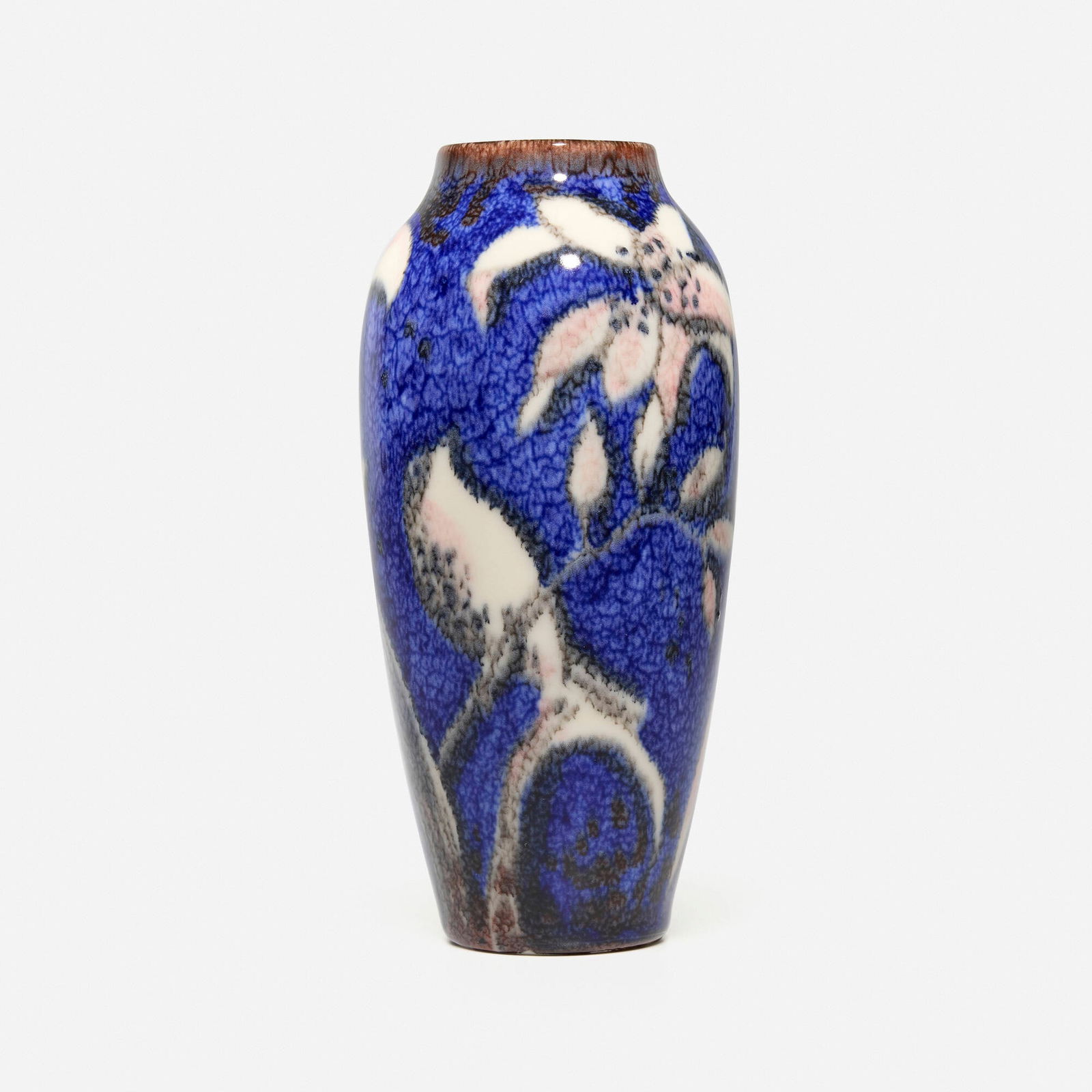 Jens Jensen for Rookwood Pottery, Decorated Porcelain vase with birds and magnolia: Jens Jensen for Rookwood Pottery Decorated Porcelain vase with birds and magnolia USA, 1932glazed porcelain 7.125 h x 3.25 dia in (18 x 8 cm) Impressed manufacturer's mark, date and number to