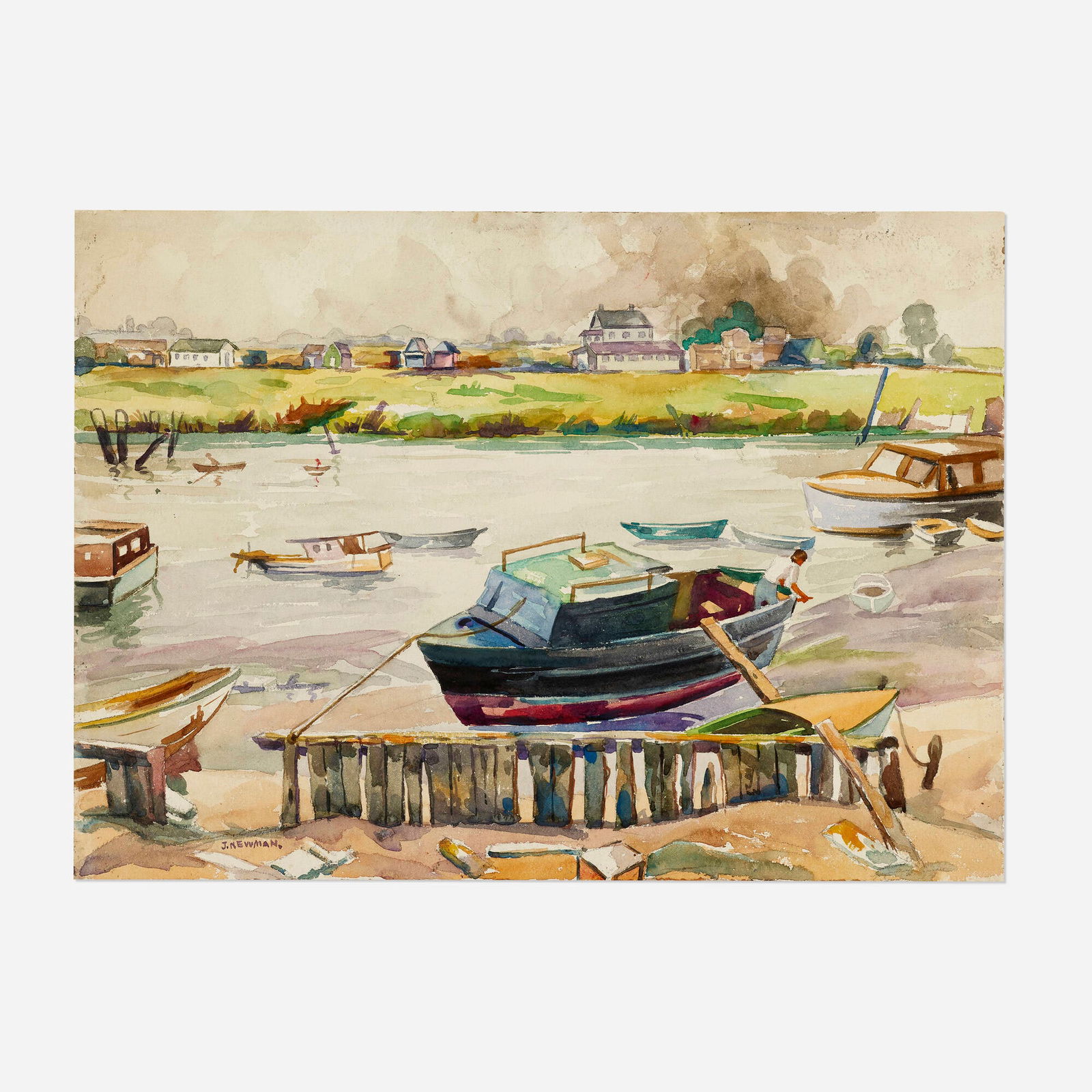 Joseph Newman, The Dock: Joseph Newman The Dock watercolor on paper 15 h x 20.875 w in (38 x 53 cm) Signed to lower left 'J. Newman'. This work will ship from Lambertville, New Jersey.
