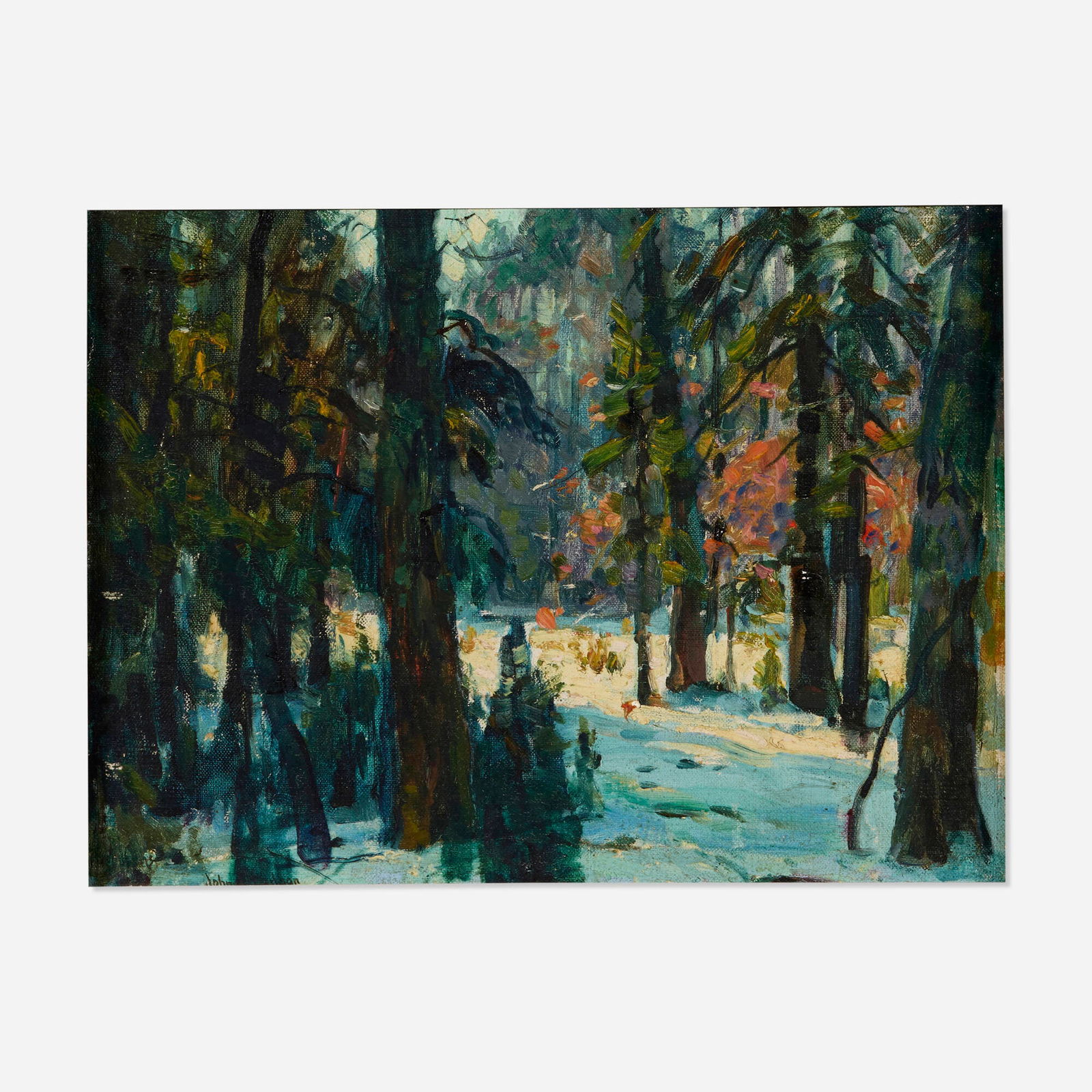 John Fabian Carlson, Forest Nooks: John Fabian Carlson Forest Nooks oil on board 12 h x 15.875 w in (30 x 40 cm) Signed to lower left 'John Carlson'. Signed and titled to verso 'Forest Nooks John F. Carlson'. This
