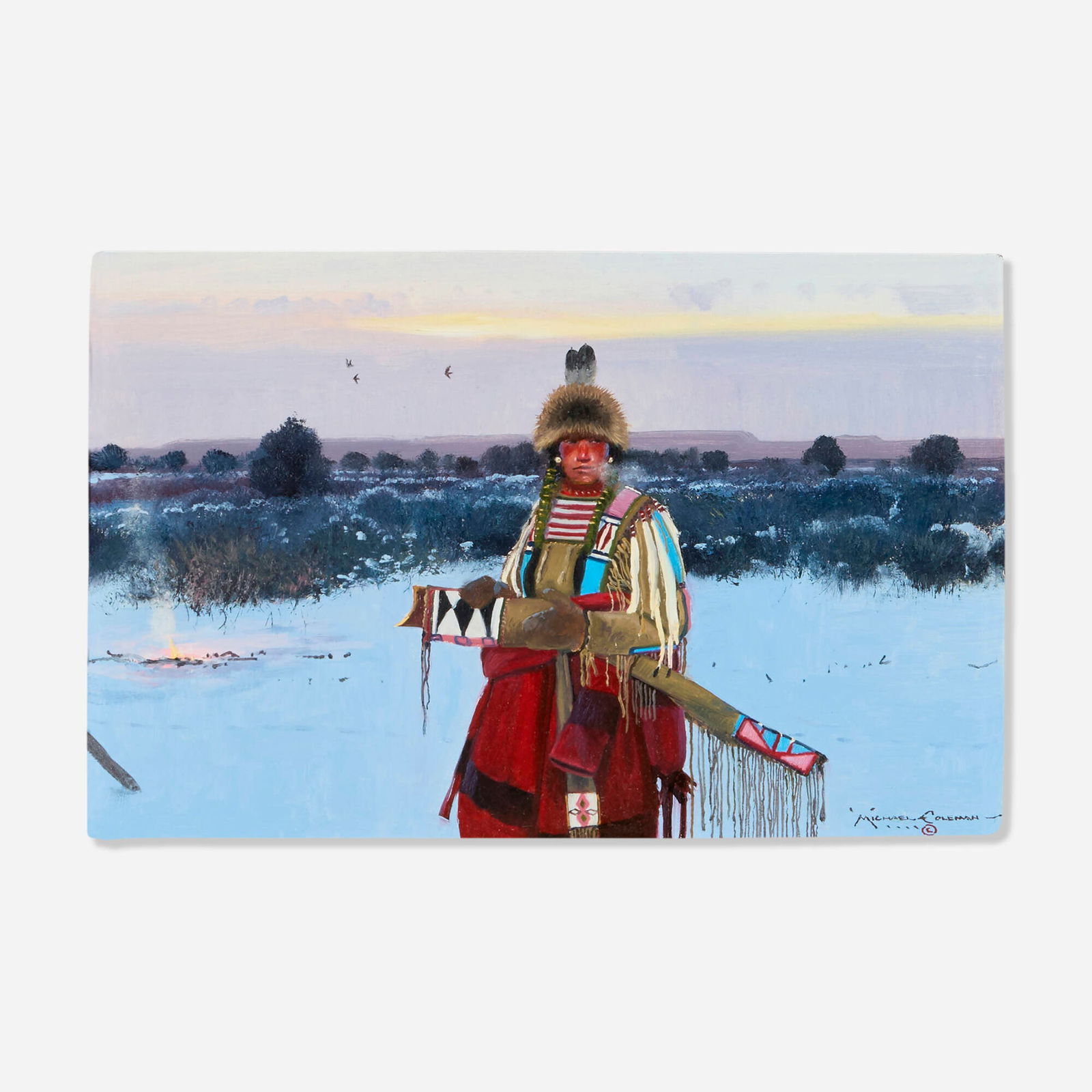 Michael Coleman, Blackfoot Scout: Michael Coleman Blackfoot Scout oil on panel 7.5 h x 11.25 w in (19 x 29 cm) Signed to lower right 'Michael Coleman'. This work will ship from Lambertville, New Jersey.