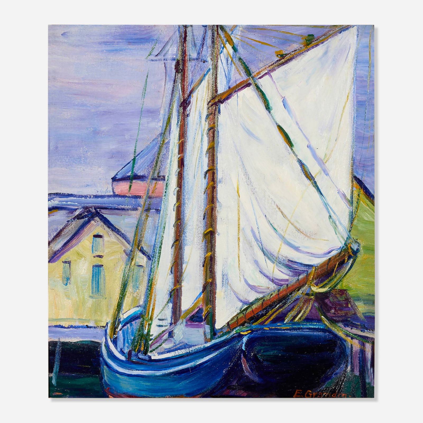 Elizabeth Grandin, The White Sail: Elizabeth Grandin The White Sail oil on panel 16 h x 14 w in (41 x 36 cm) Signed to lower right 'E Grandin'. Inscribed to verso '218' with Grandin Library stamp. Provenance: