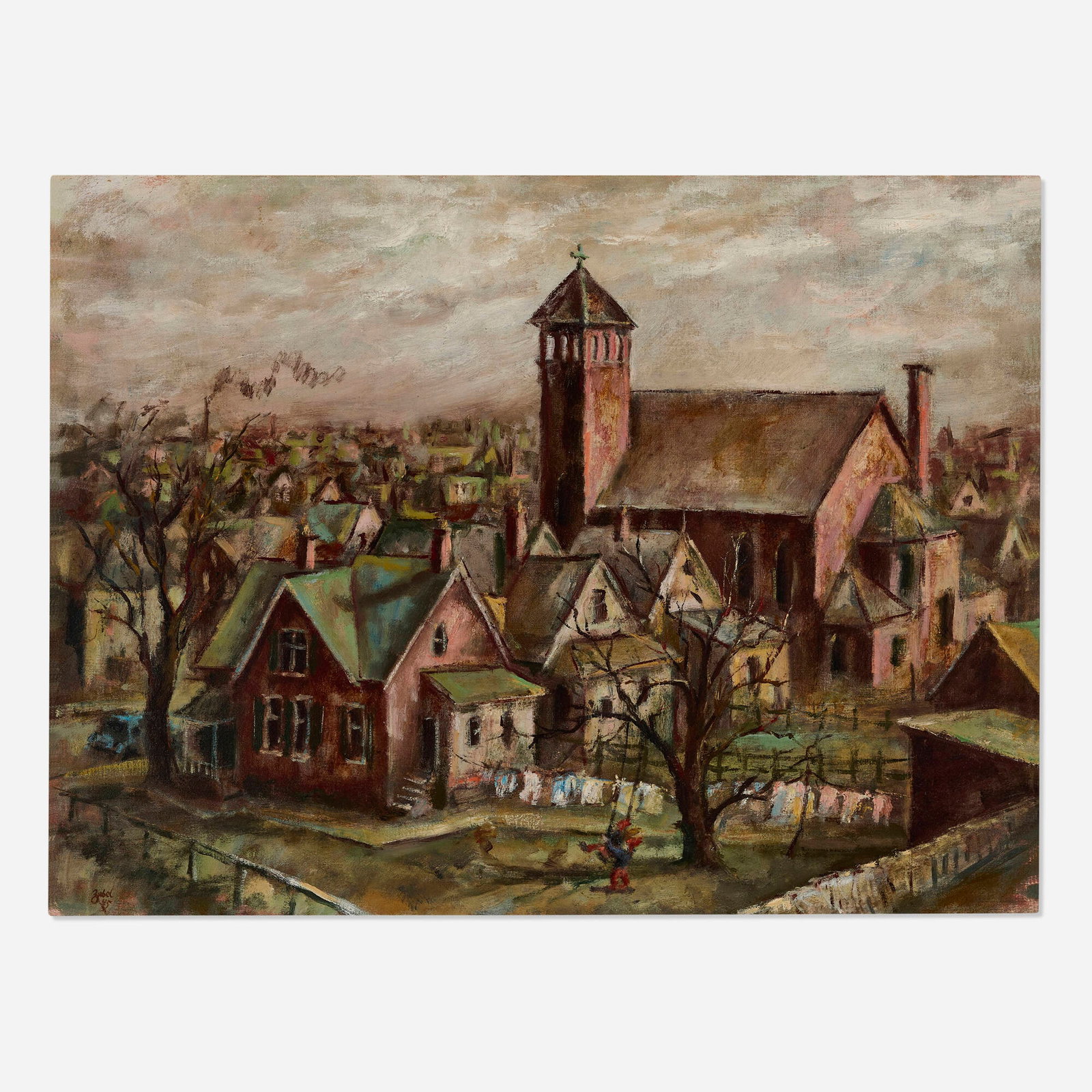 Zubel Kachadoorian, Untitled (Church Tower Over the Village): Zubel Kachadoorian Untitled (Church Tower Over the Village) 1945 oil on canvas 24 h x 32 w in (61 x 81 cm) Signed and dated to lower left 'Zubel 45'. Provenance: Collect