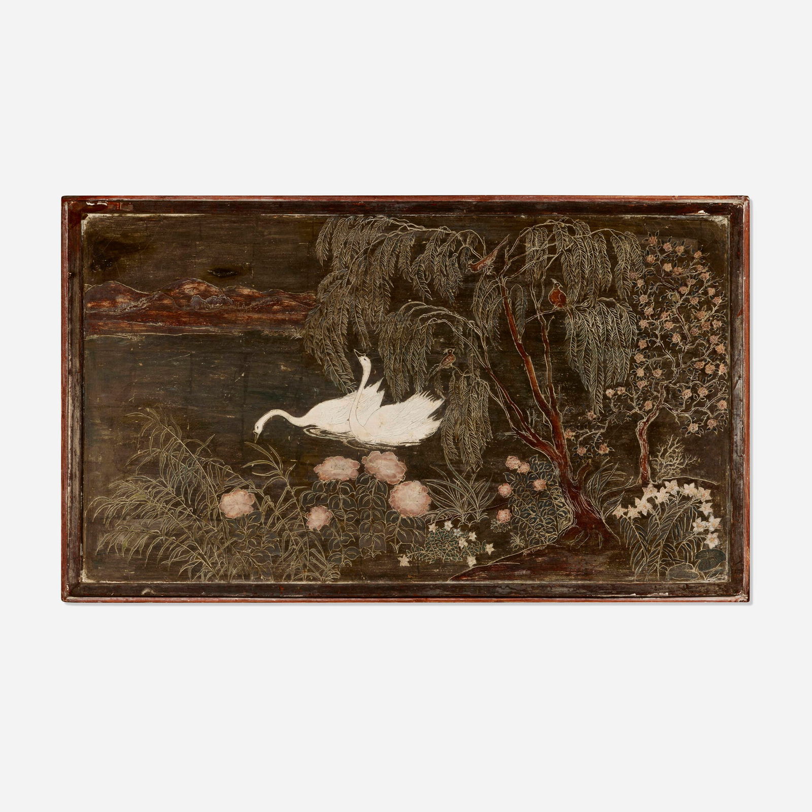 Max Kuehne, Untitled (Panel with Swans): Max Kuehne Untitled (Panel with Swans) c. 1940silver leaf over incised gesso wood panel in artist-made frame 27 h x 44 w in (69 x 112 cm) Incised signature to lower right 'Max Kuehne'.