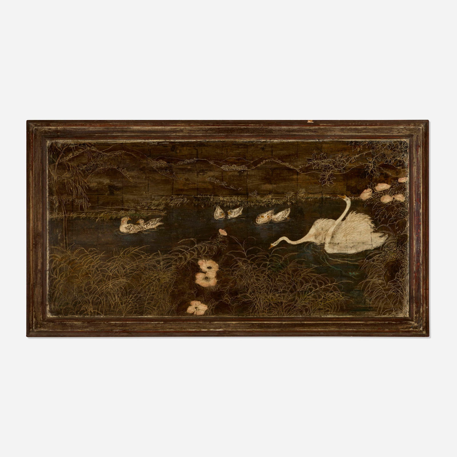 Max Kuehne, Untitled (Panel with Swans): Max Kuehne Untitled (Panel with Swans) c. 1940silver leaf over incised gesso wood panel in artist-made frame 32 h x 59 w in (81 x 150 cm) Incised signature to lower right 'Max Kuehne'.