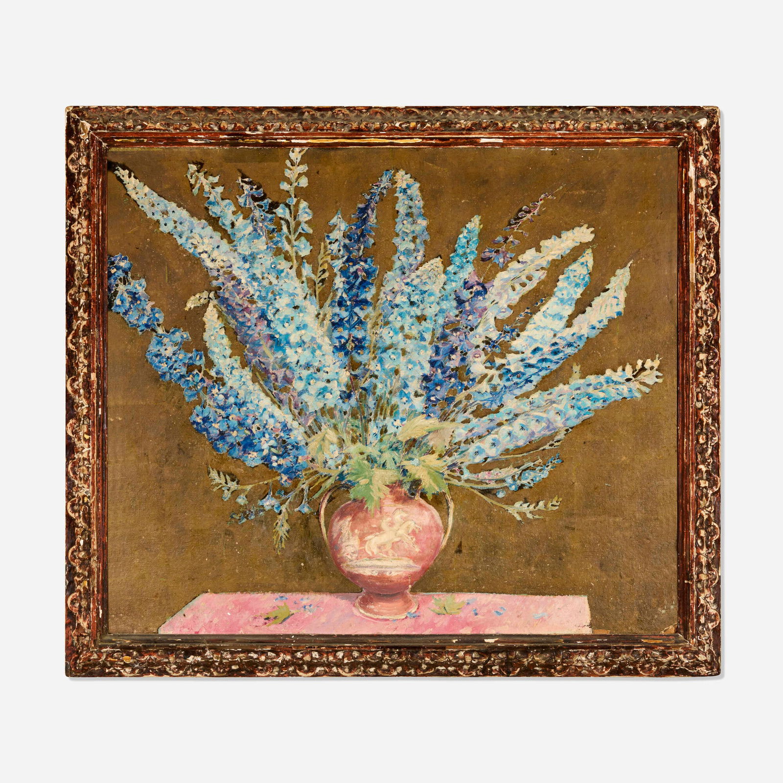 Max Kuehne, Delphiniums: Max Kuehne Delphiniums oil and metallic pigment on board in artist-made frame 36 h x 42 w in (91 x 107 cm) Signed and titled to verso 'Delphiniums Max Kuehne'. Provenance: Ac