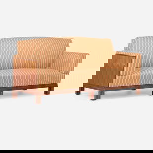 Eliel Saarinen, Inlaid sofa: Eliel Saarinen Inlaid sofa Charles Phipps & SonsFinland/USA, c. 1929 / c. 1990upholstery, bubinga, mixed wood inlay 34.24 h x 75.5 w x 29.5 d in (87 x 192 x 75 cm) Brass manufacturer's l