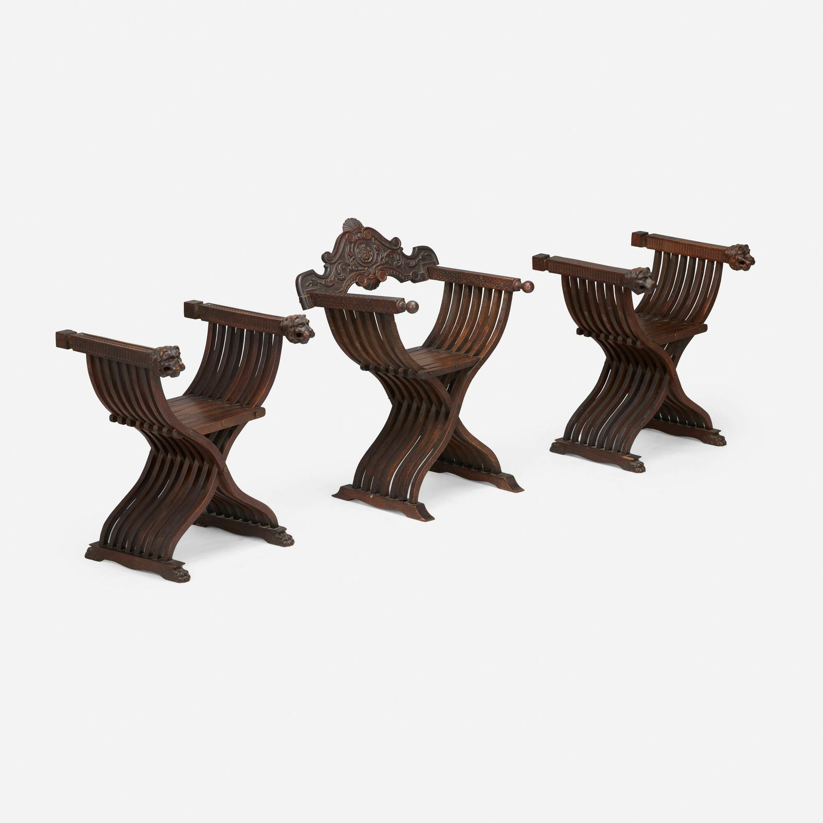 Italian, Renaissance Revival folding stools with lion head ornaments and paw feet, pair (1 of 4)