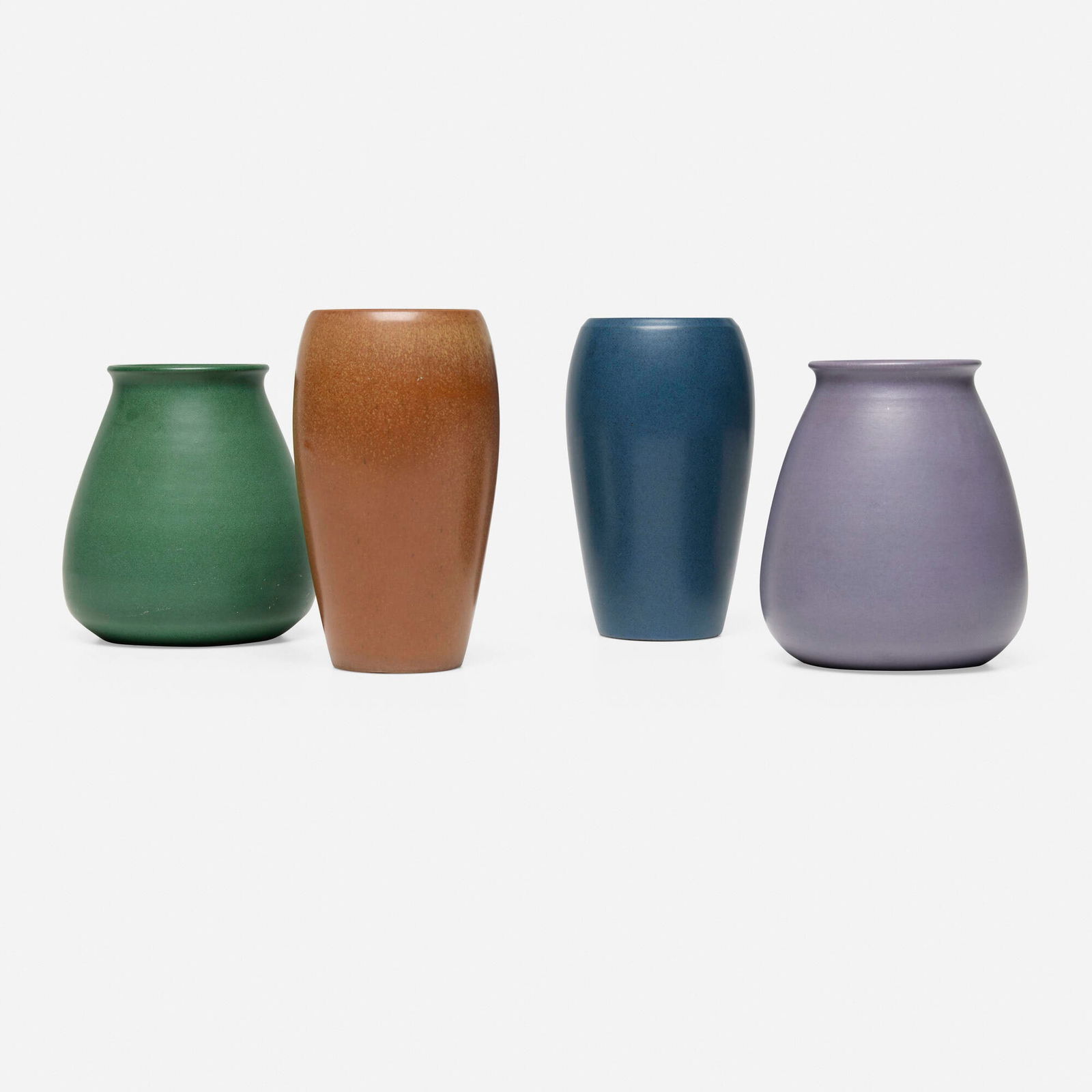 Marblehead Pottery, Collection of four vases: Marblehead Pottery Collection of four vases USA, c. 1920glazed earthenware largest: 7 h x 4 dia in (18 x 10 cm) smallest: 6 h x 5.25 dia in (15 x 13 cm) Impressed manufacturer's mark to und