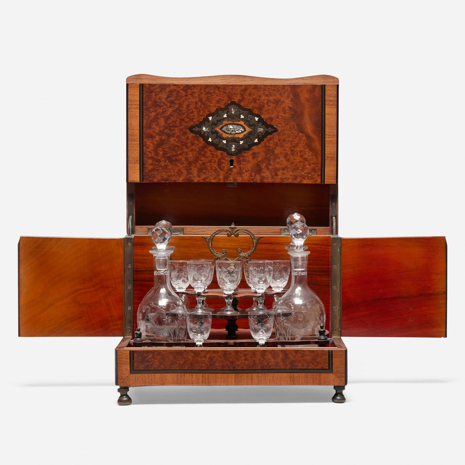 Napoleon III, Tantalus: Napoleon III Tantalus France, third quarter of the 19th centuryamboyna burl, pewter, mother-of-pearl and bone inlay, glass chest: 10.5 h x 12.5 w x 9.5 d in (27 x 32 x 24 cm) decanter: 8.25 h x 3