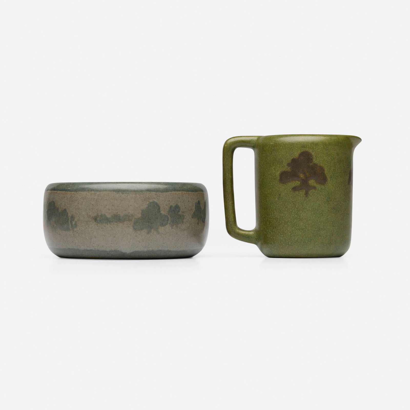 Arthur Baggs and Sarah Tutt for Marblehead Pottery, Cream pitcher and bowl with trees: Arthur Baggs and Sarah Tutt for Marblehead Pottery Cream pitcher and bowl with trees USA, 1908-16glazed earthenware 3.25 h x 4 w x 2.75 d in (8 x 10 x 7 cm) 2 h x 4.5 dia in (5 x 11 cm) Imp