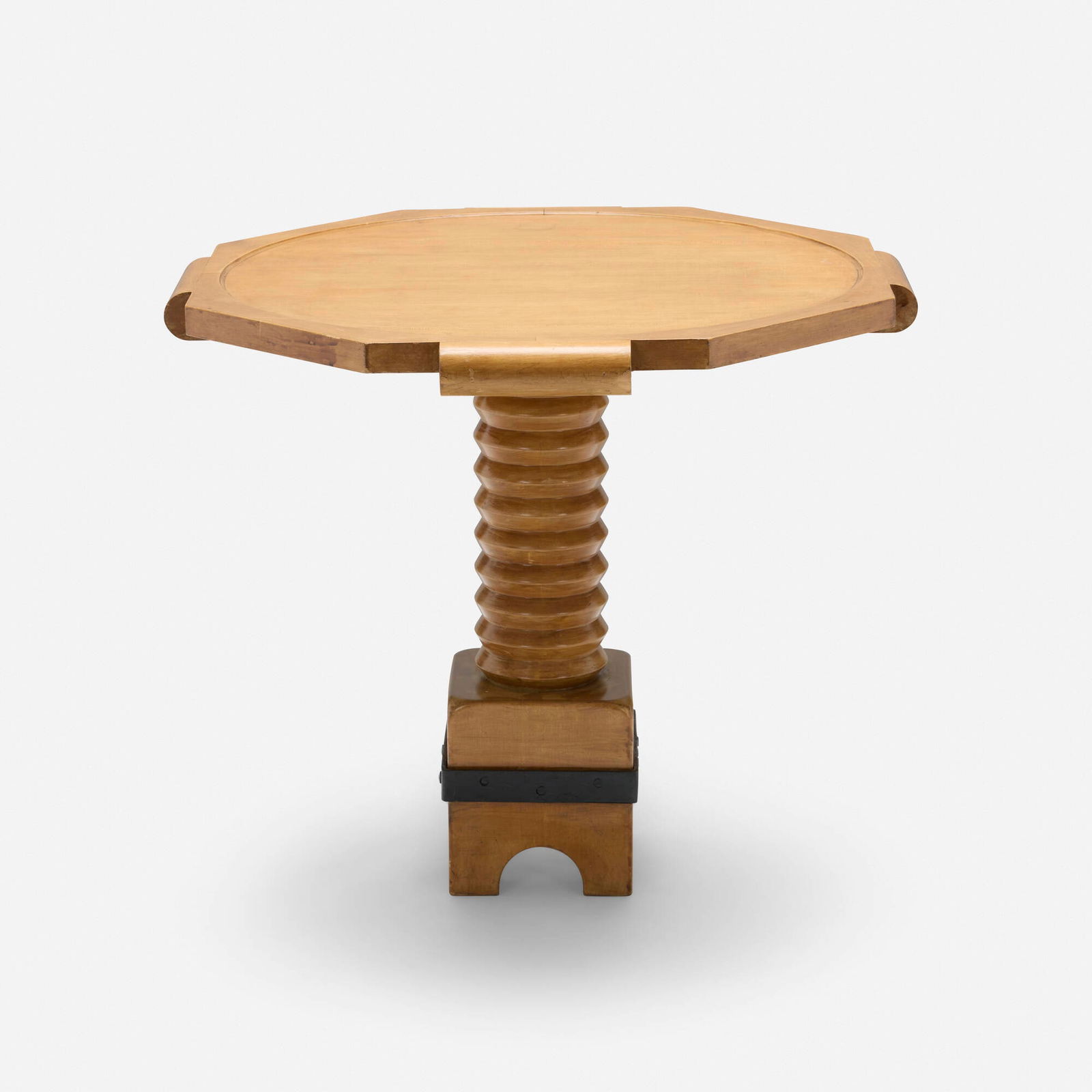 Charles Dudouyt, Pedestal table: Charles Dudouyt Pedestal table France, c. 1940stained maple, painted wrought iron 25.375 h x 29.25 dia in (64 x 74 cm) This work will ship from Chicago, Illinois.