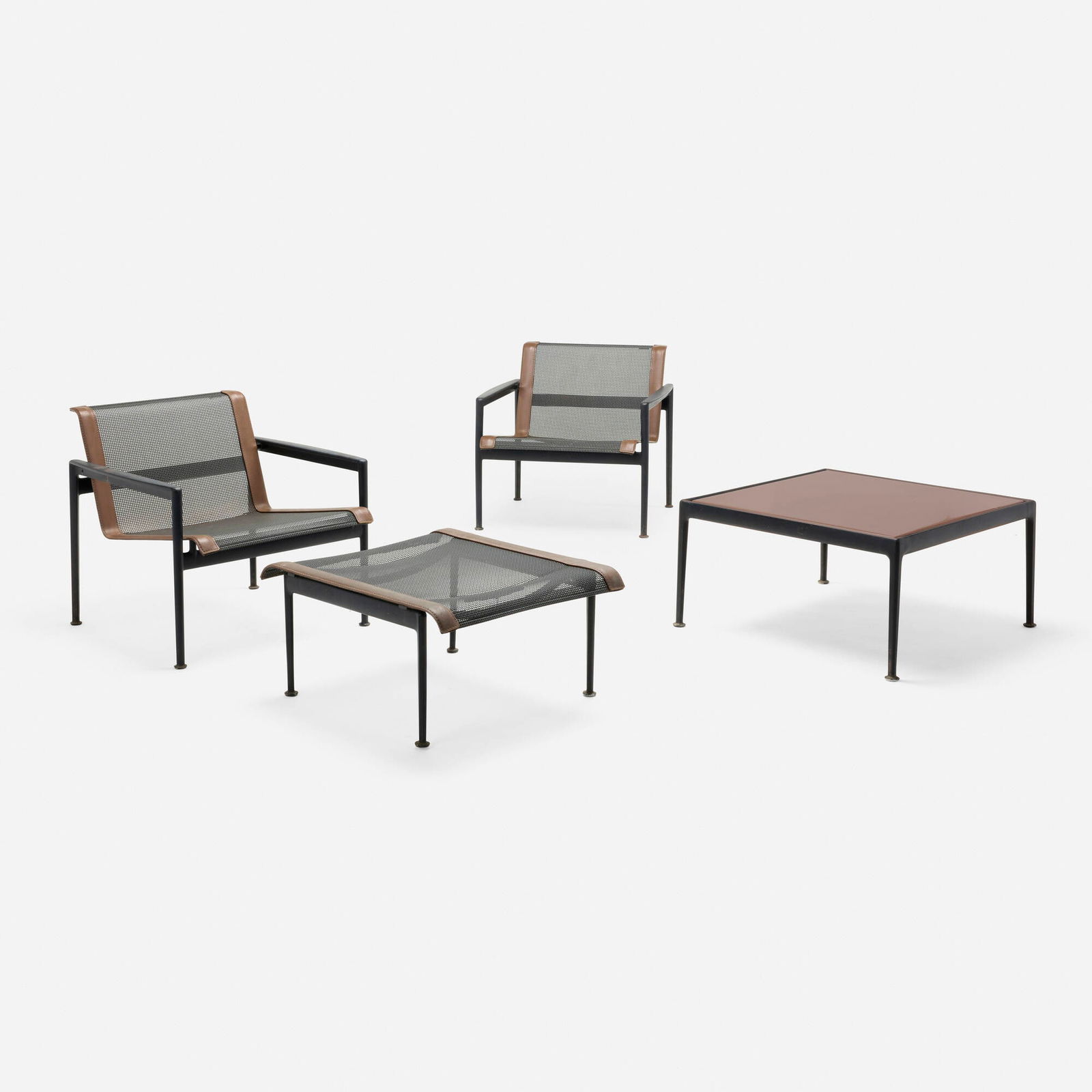 Richard Schultz, 1966 patio set: Richard Schultz 1966 patio set KnollStudioUSA, 1966 / c. 2010lacquered aluminum and steel, nylon, vinyl chair: 26 h x 26 w x 28 d in (66 x 66 x 71 cm) table: 15.626 h x 28 w x 28 d in (40 x