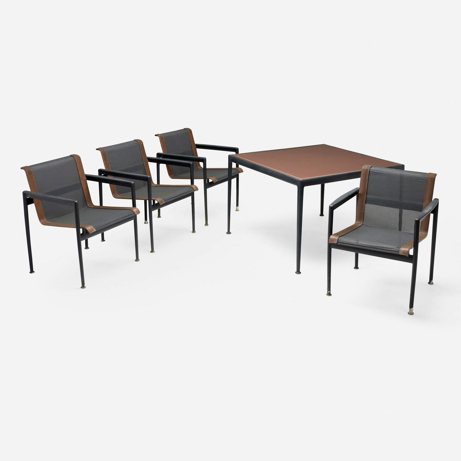 Richard Schultz, 1966 patio dining set: Richard Schultz 1966 patio dining set KnollStudioUSA, 1966 / c. 2010lacquered aluminum and steel, nylon, vinyl table: 26.25 h x 38 w x 38 d in (67 x 97 x 97 cm) chair: 29 h x 23.25 w x 24 d