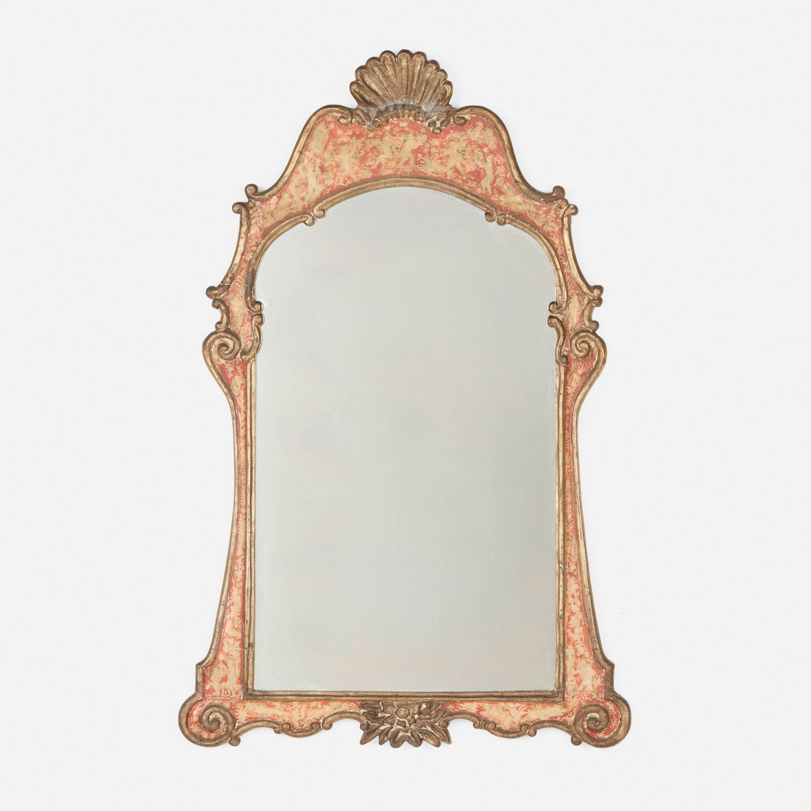 Max Kuehne, Wall mirror: Max Kuehne Wall mirror USA, c. 1940painted and gilt wood, mirrored glass 56.5 h x 36.5 w x 2.5 d in (144 x 93 x 6 cm) Mirror features putti and dancing figures. Provenance:
