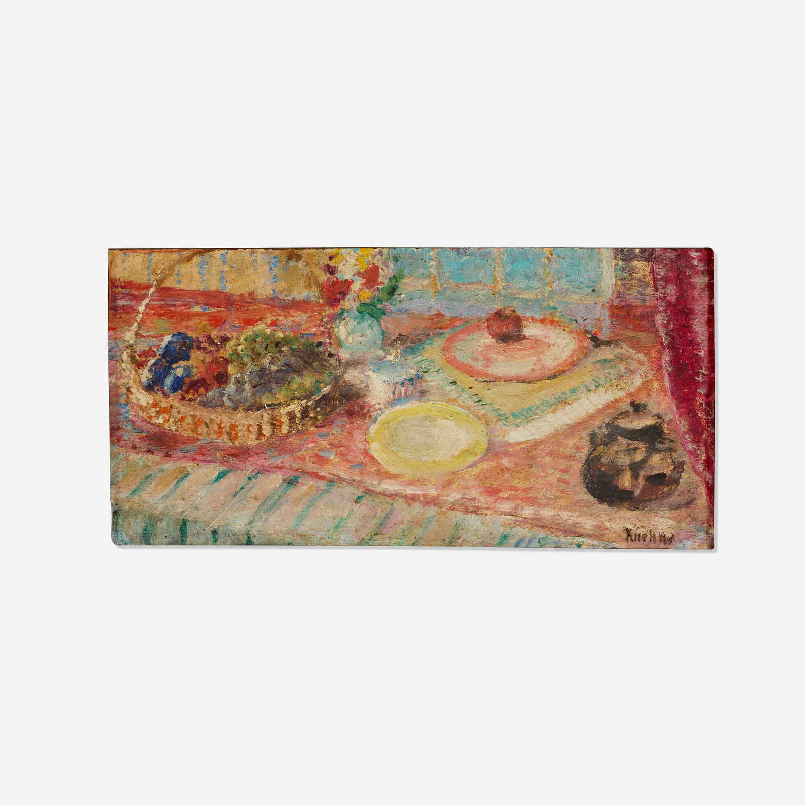 Max Kuehne, Still Life with Fruit and Flowers: Max Kuehne Still Life with Fruit and Flowers oil on Masonite 6 h x 12 w in (15 x 30 cm) Signed to lower right 'Kuehne'. Provenance: Acquired directly from the artist, Private