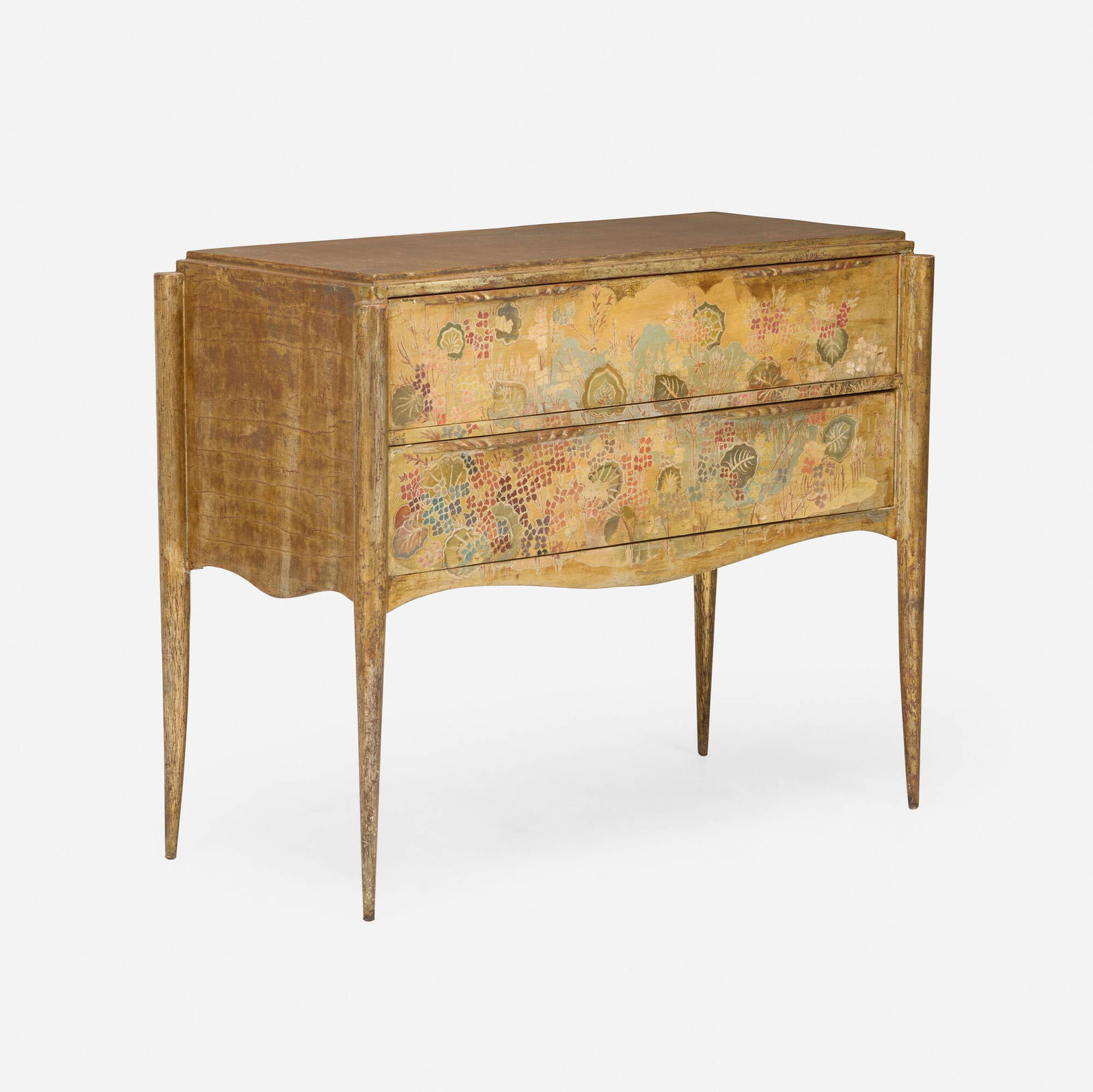 Max Kuehne, Cabinet with flowers: Max Kuehne Cabinet with flowers USA, c. 1940carved, painted and gilt wood 33 h x 41.25 w x 18 d in (84 x 105 x 46 cm) Cabinet features two drawers. Carved signature to lower edge of one drawer
