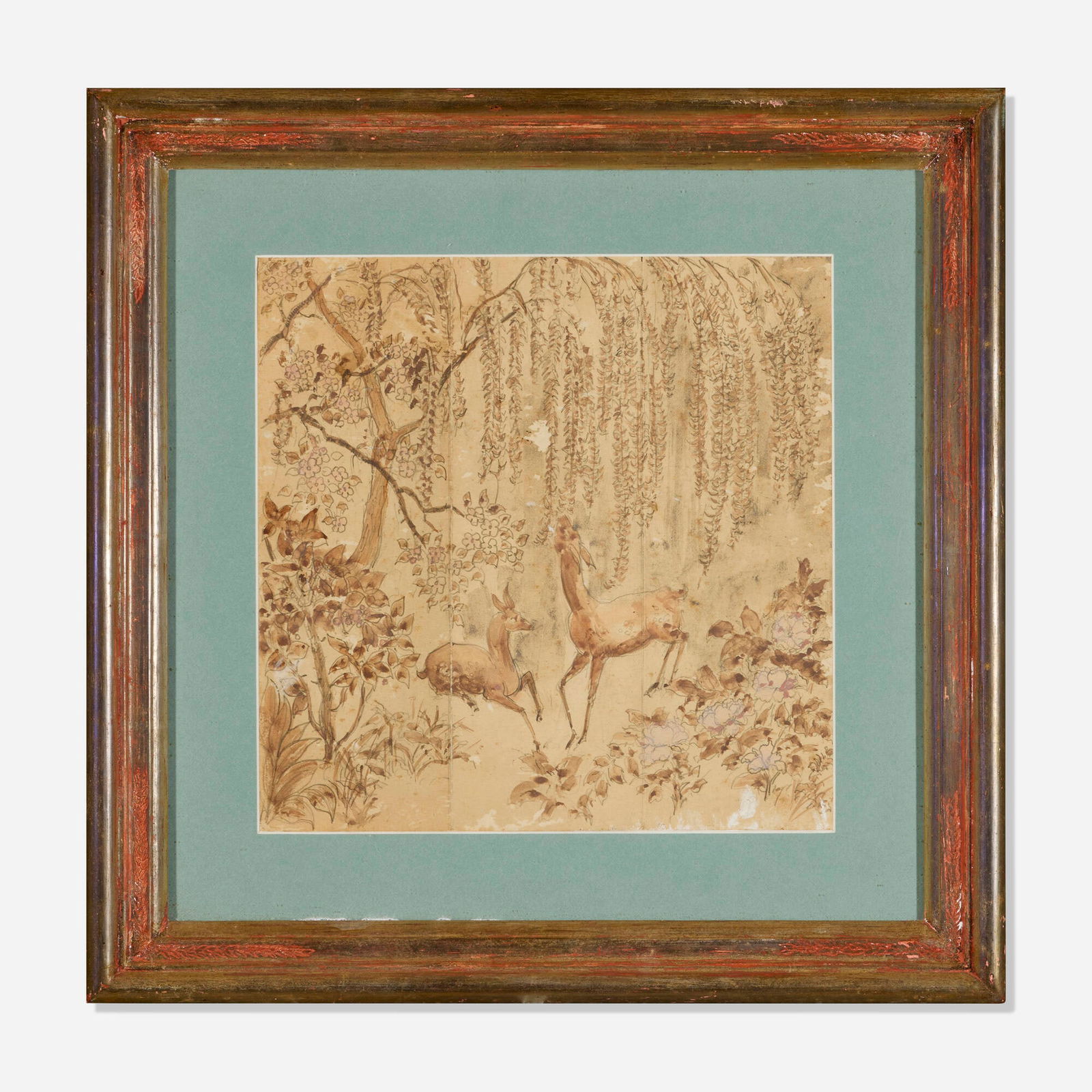 Max Kuehne, Study for a Screen (Fawns and Flowering Trees): Max Kuehne Study for a Screen (Fawns and Flowering Trees) graphite and watercolor on paper in artist-made frame 18 h x 18 w in (46 x 46 cm) Signed and inscribed to frame verso by Hal Kuehne 'The Tra