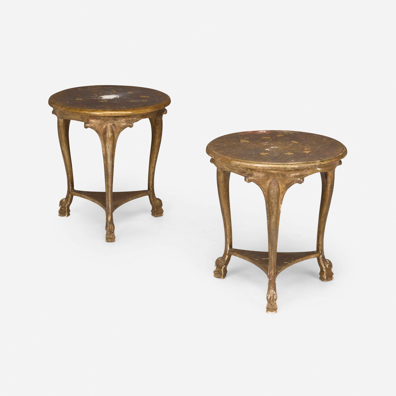 Max Kuehne, Occasional tables with flowers, pair: Max Kuehne Occasional tables with flowers, pair USA, c. 1940carved, painted and gilt wood 20.5 h x 19 dia in (52 x 48 cm) Carved signature to top of one example 'Max Kuehne'. Pr