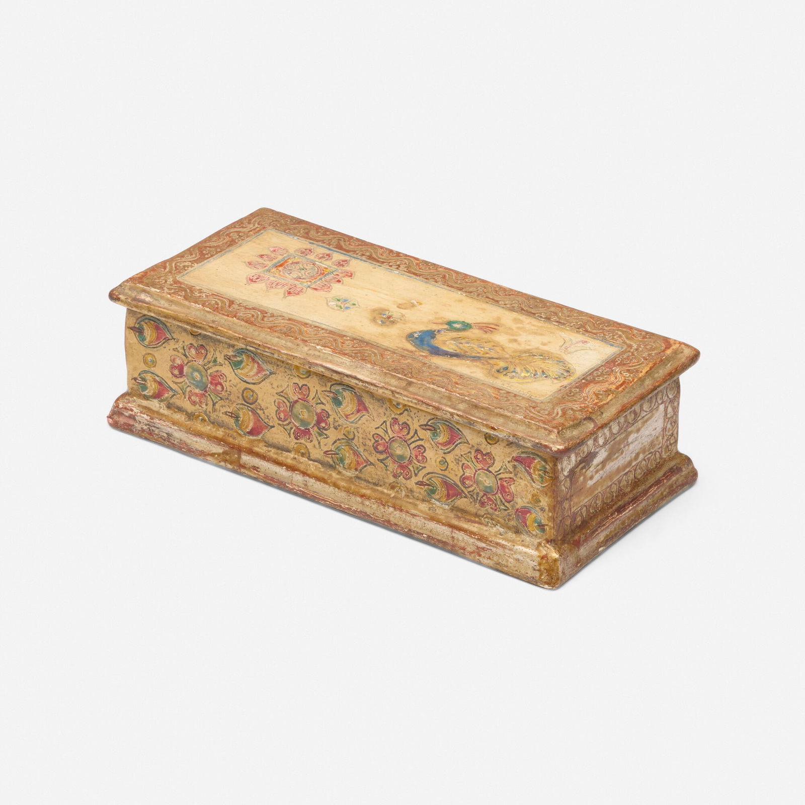 Max Kuehne, Covered box with peacock and floral motifs: Max Kuehne Covered box with peacock and floral motifs USA, c. 1935painted, carved and gilt wood 2.5 h x 8.375 w x 4 d in (6 x 21 x 10 cm) Incised signature to lower right corner of lid 'Max Ku
