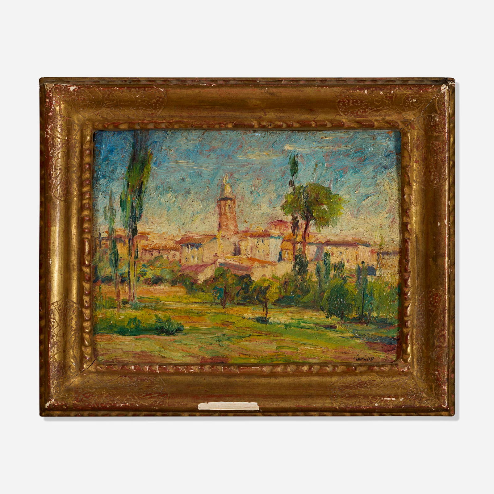 Max Kuehne, Provencal Village Scene with Bell Tower: Max Kuehne Provencal Village Scene with Bell Tower c. 1919oil on panel in artist-made frame 8 h x 10 w in (20 x 25 cm) Signed to lower right 'Kuehne'. Provenance: Acqui