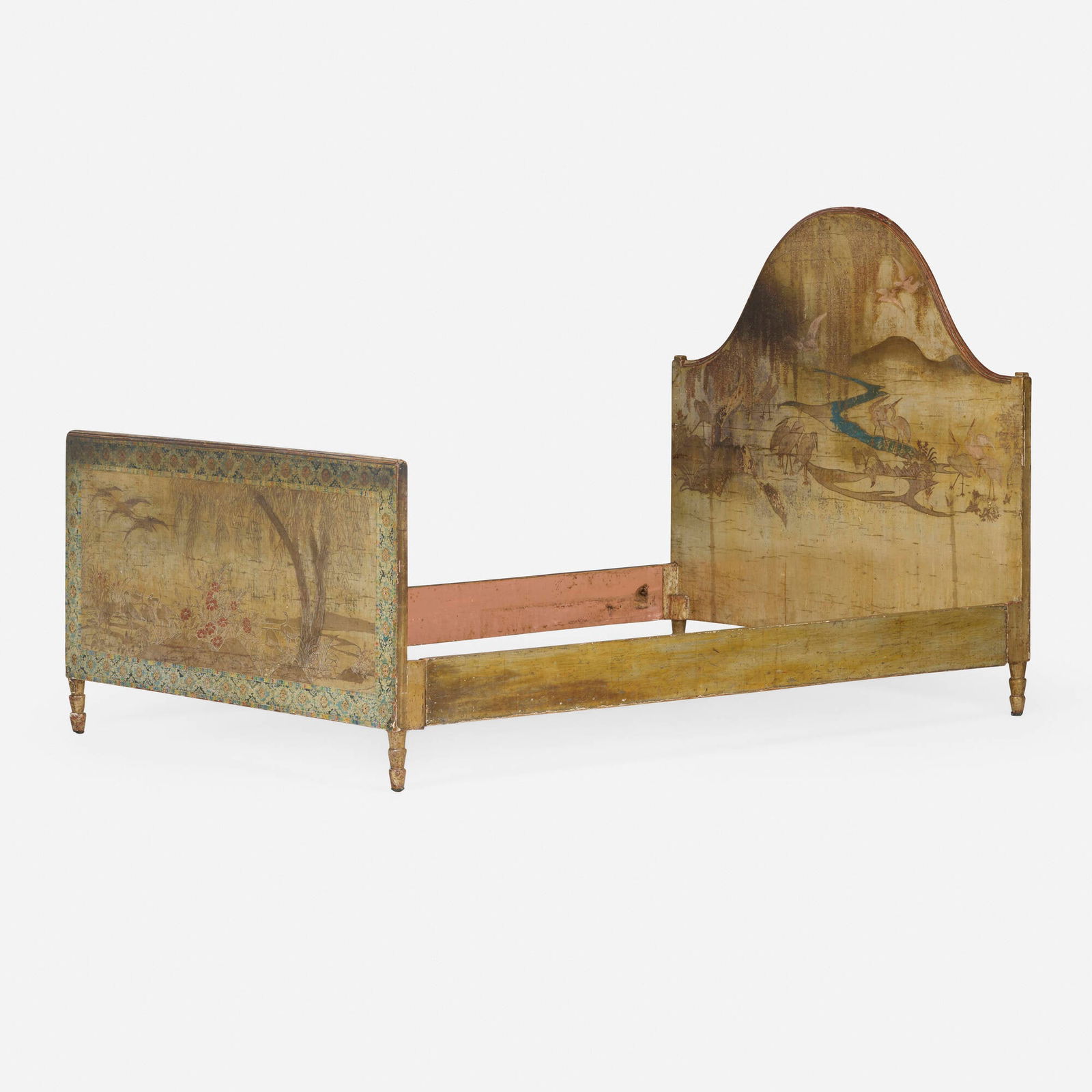 Max Kuehne, Twin-size bed frame: Max Kuehne Twin-size bed frame USA, c. 1940carved, painted and gilt wood 51 h x 54 w x 80.75 d in (130 x 137 x 205 cm) Bed features landscape scenes with herons. Carved signature to lower marg