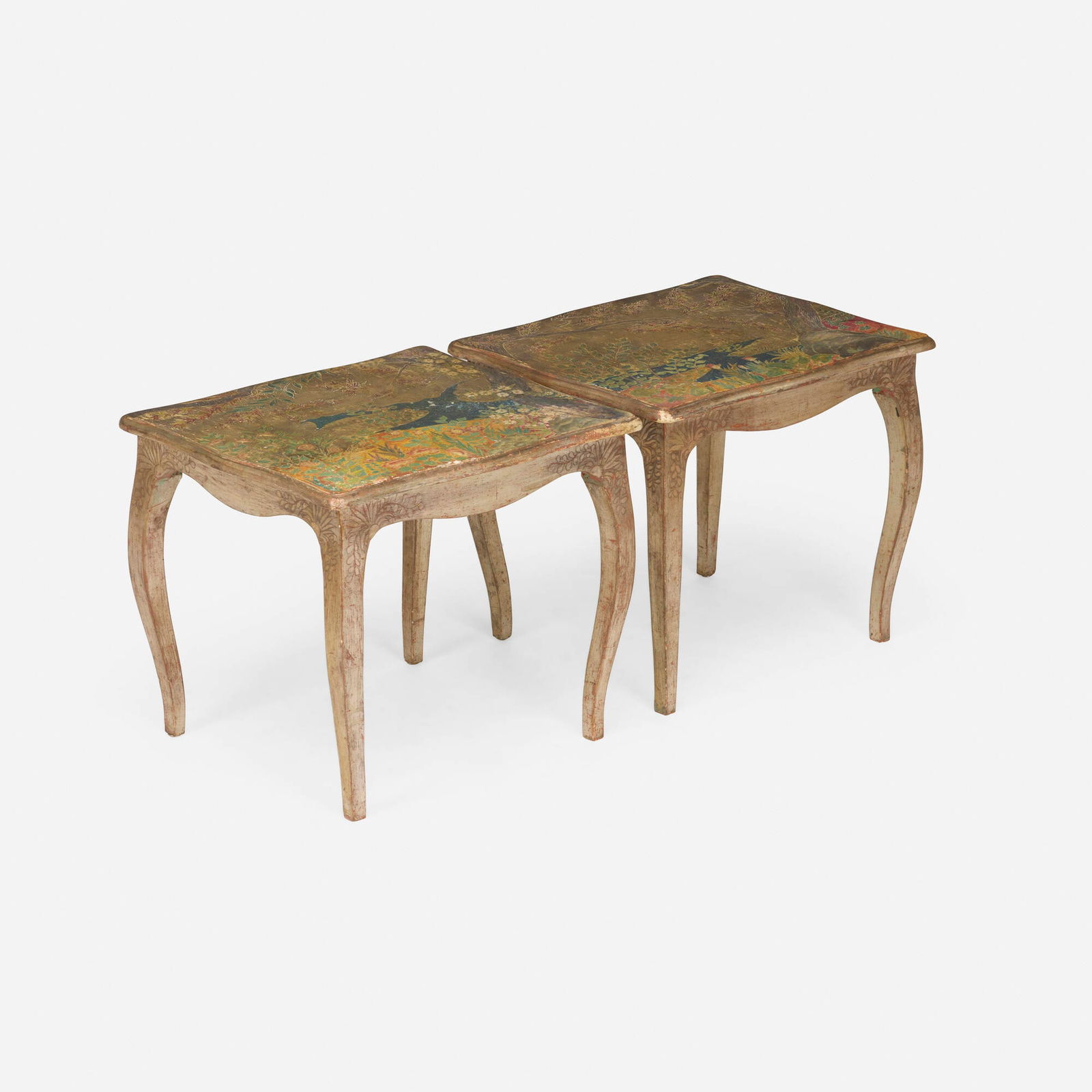 Max Kuehne, Occasional tables with landscape, pair: Max Kuehne Occasional tables with landscape, pair USA, c. 1940carved, painted and gilt wood 20 h x 23.25 w x 20.25 d in (51 x 59 x 51 cm) Faintly carved signature to top of each example 'Max K