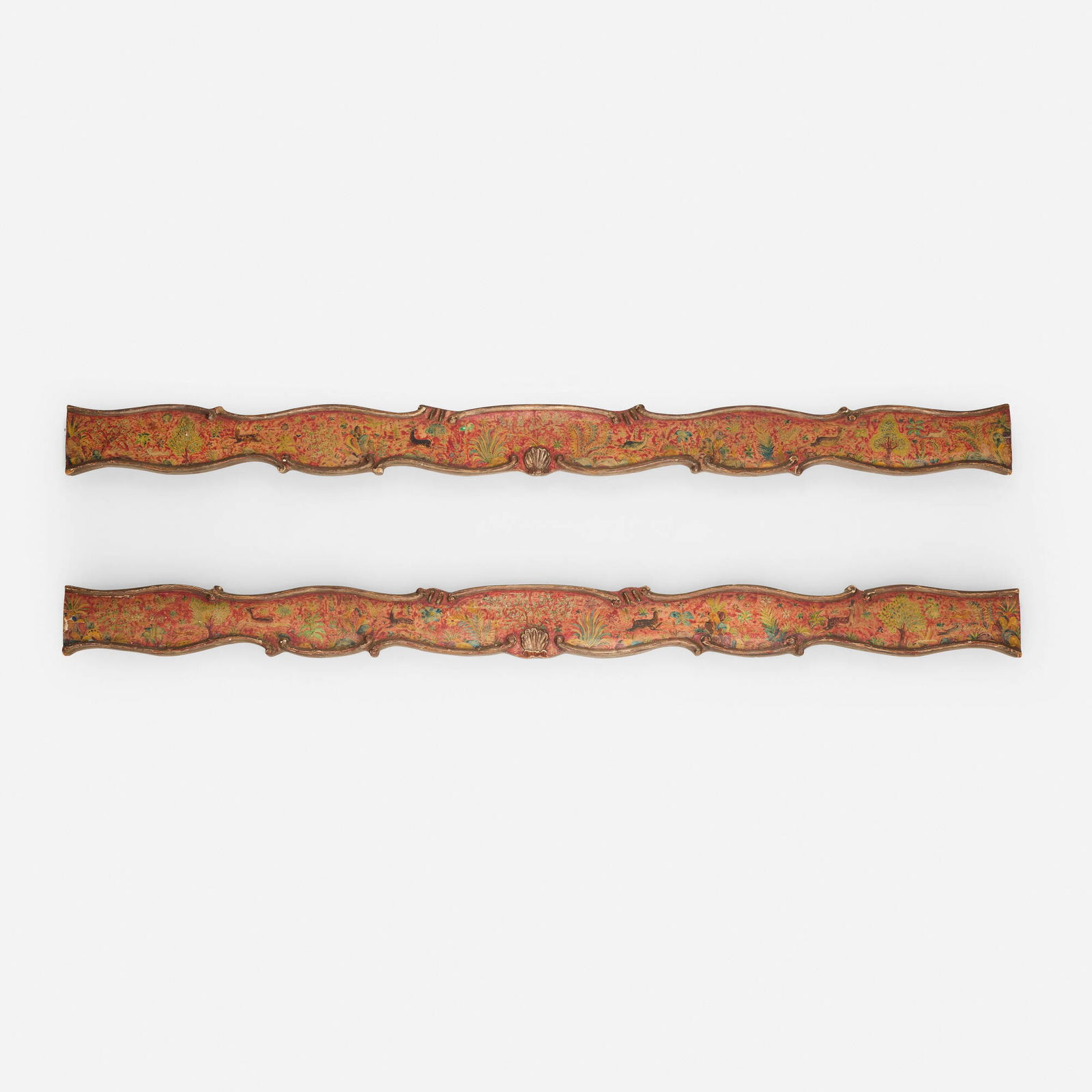 Max Kuehne, Valances, pair: Max Kuehne Valances, pair USA, c. 1940carved, painted and gilt wood 7 h x 100.25 w x 2 d in (18 x 255 x 5 cm) Valances each feature a shell motif and a landscape scene with flora and fauna.