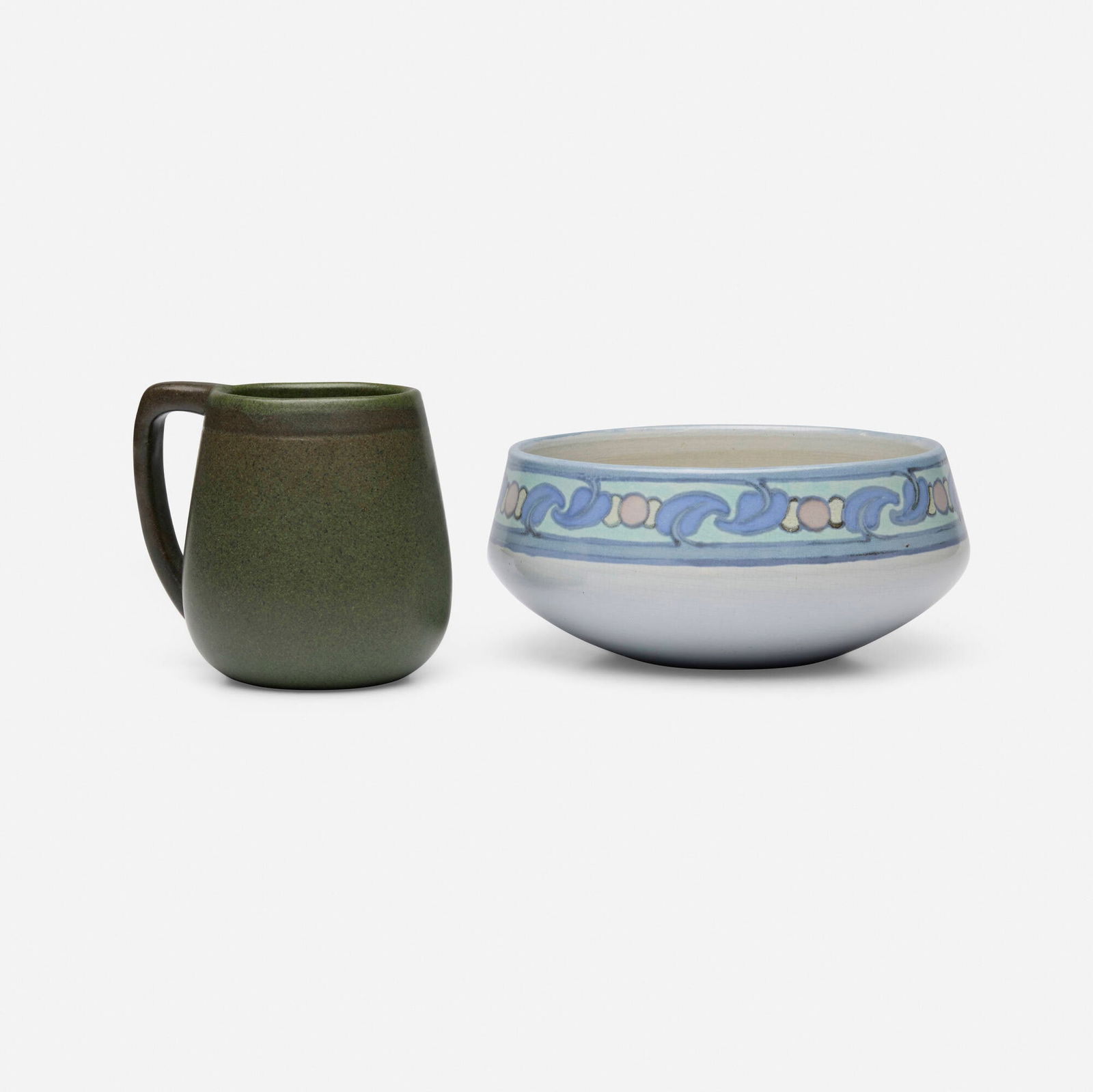 Marblehead Pottery, Mug and decorated bowl: Marblehead Pottery Mug and decorated bowl USA, c. 1915-20glazed earthenware 3.5 h x 4 w x 3.25 d in (9 x 10 x 8 cm) 2.25 h x 6 dia in (6 x 15 cm) Lot includes a bowl with a conventionalized