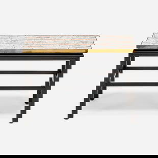 Harry Burger, Occasional table: Harry Burger Occasional table USA, c. 1955glass mosaic inlay, brass, wood 21.625 h x 31.125 w x 16.5 d in (55 x 79 x 42 cm) Stamped signature to underside 'Harry Burger Hollywood'.
