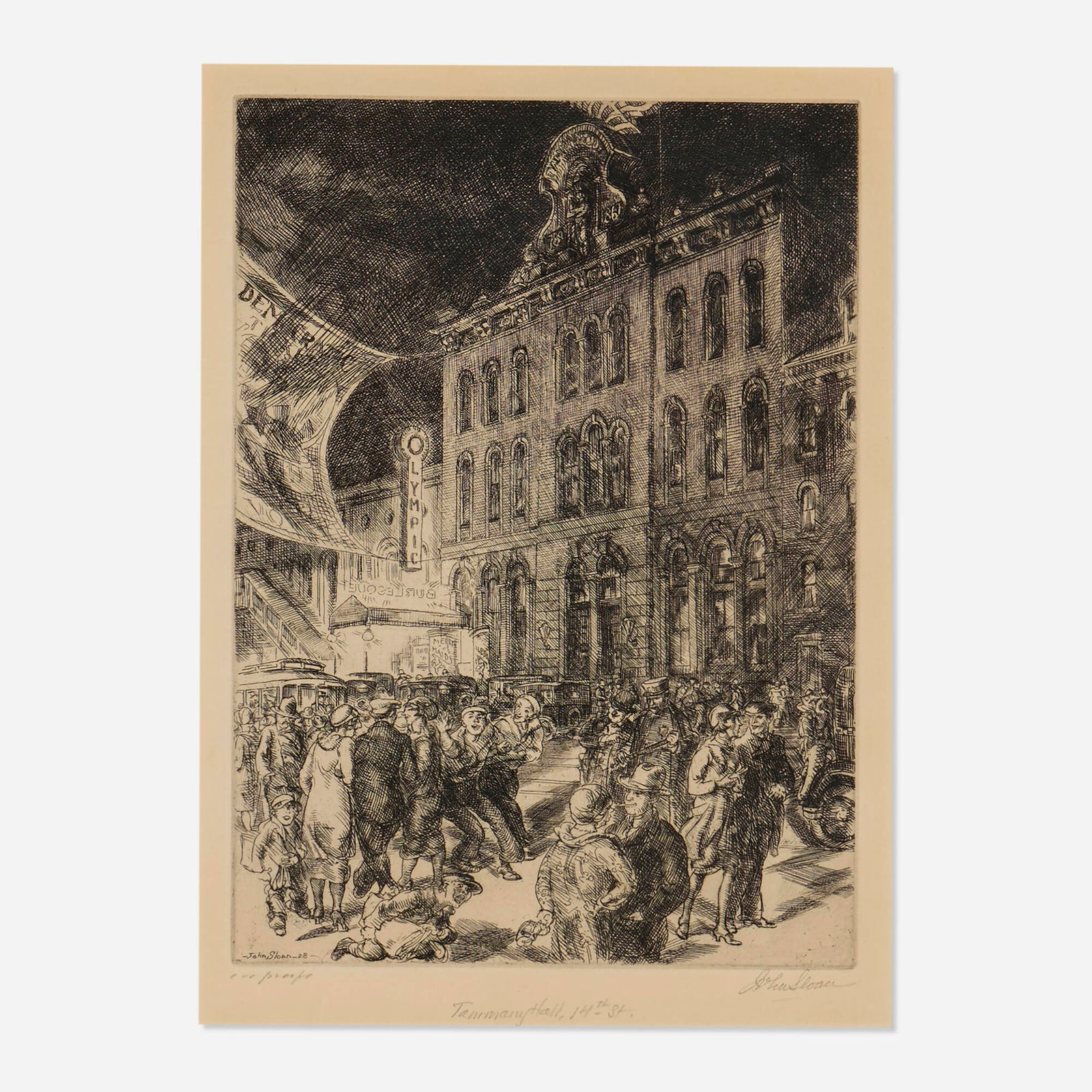John Sloan, 14th Street, The Wigwam (Tammany Hall): John Sloan 14th Street, The Wigwam (Tammany Hall) 1928etching image: 9.625 h x 6.875 w in (24 x 17 cm) sight: 10.625 h x 7.625 w in (27 x 19 cm) Signed, titled and numbered to lower right '