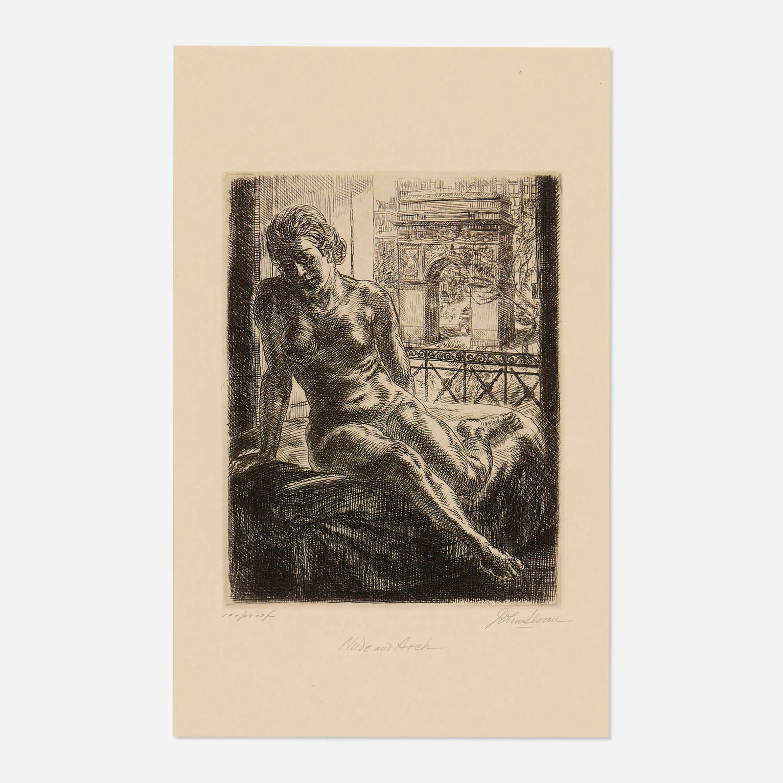 John Sloan, Nude and Arch: John Sloan Nude and Arch 1933etching and engraving image: 6.875 h x 5.375 w in (17 x 14 cm) sight: 10.75 h x 6.875 w in (27 x 17 cm) Signed, titled and numbered to lower edge '100/proof Nud
