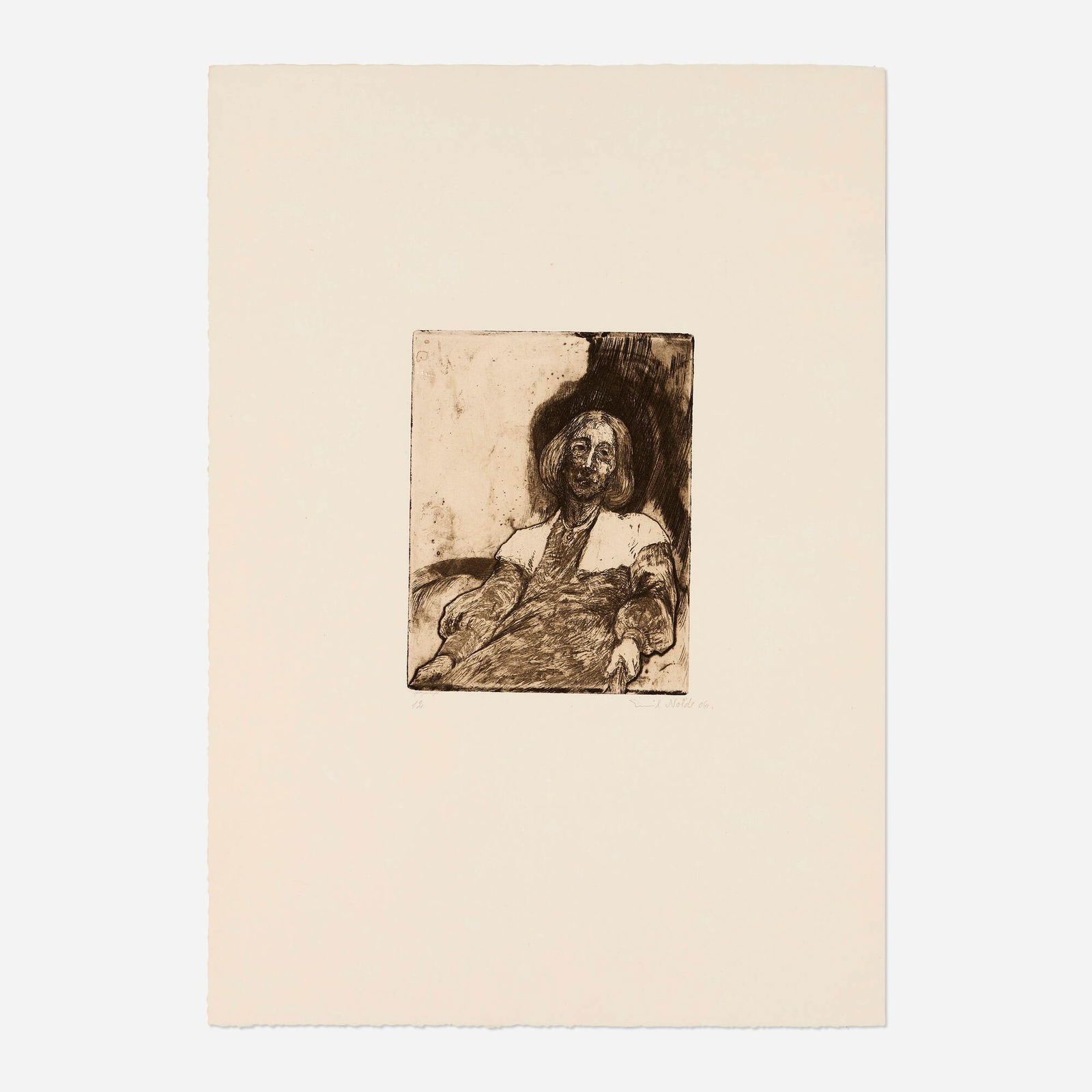 Emil Nolde, Altere Frau: Emil Nolde Altere Frau 1906drypoint and etching image: 7.875 h x 6.125 w in (20 x 16 cm) sheet: 20.75 h x 14.75 w in (53 x 37 cm) Signed, dated and numbered to lower edge '12 Emil Nolde 06.