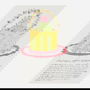 Andy Warhol, Dorothy Killgallens Gateau of Marzipan (from the Wild Raspberries portfolio): Andy Warhol Dorothy Killgallens Gateau of Marzipan (from the Wild Raspberries portfolio) 1959offset lithograph with hand-coloring 17.125 h x 10.875 w in (43 x 28 cm) This work is from the edit