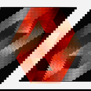Victor Vasarely, Red and Black Abstract: Victor Vasarely Red and Black Abstract 1975screenprint in colors 32 h x 31.75 w in (81 x 81 cm) Signed and numberd to lower edge '158/250 Vasarely' with publisher's blindstamp. This work is nu
