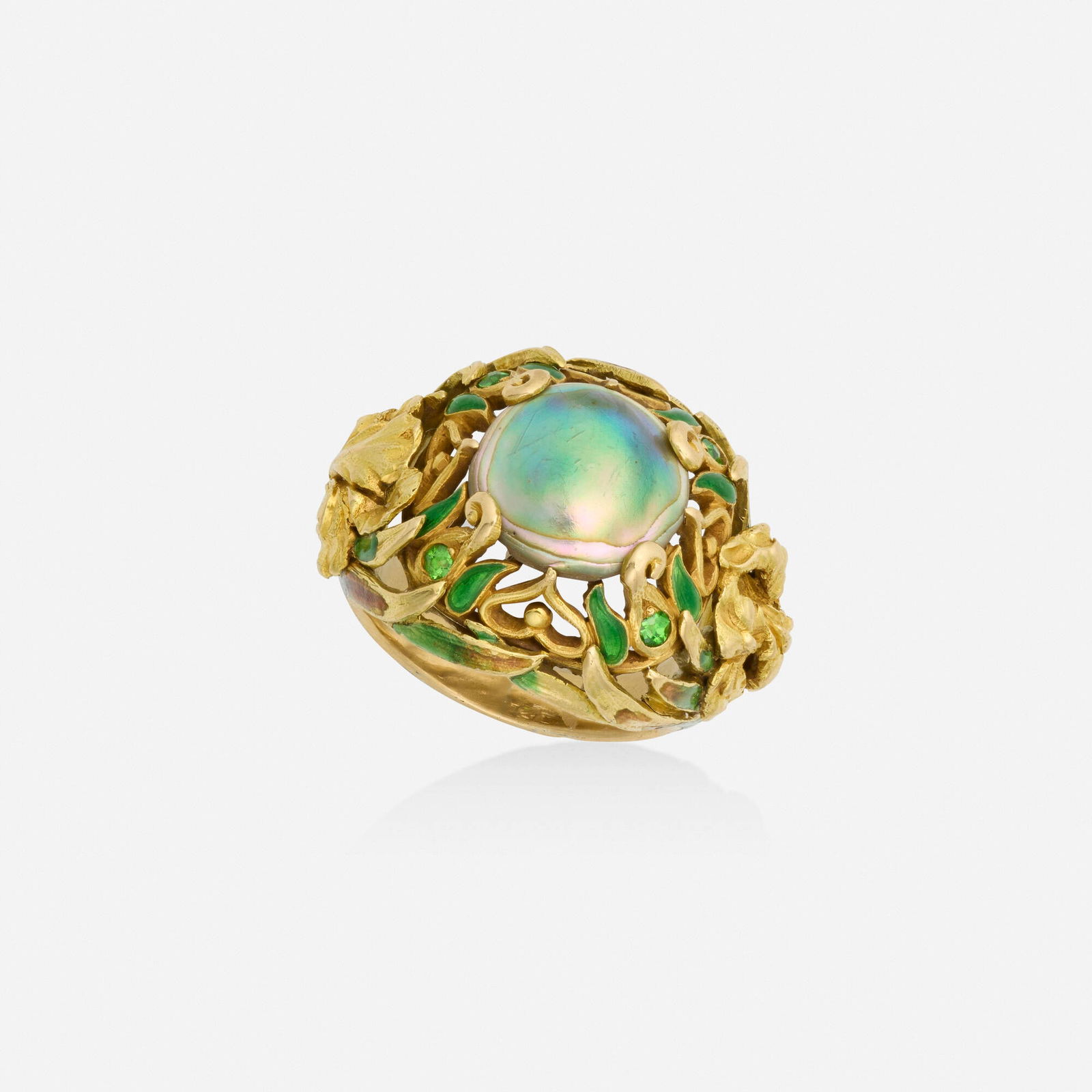 Marcus & Co., Art Nouveau mother-of-pearl, demantoid garnet, and enamel ring (1 of 3)