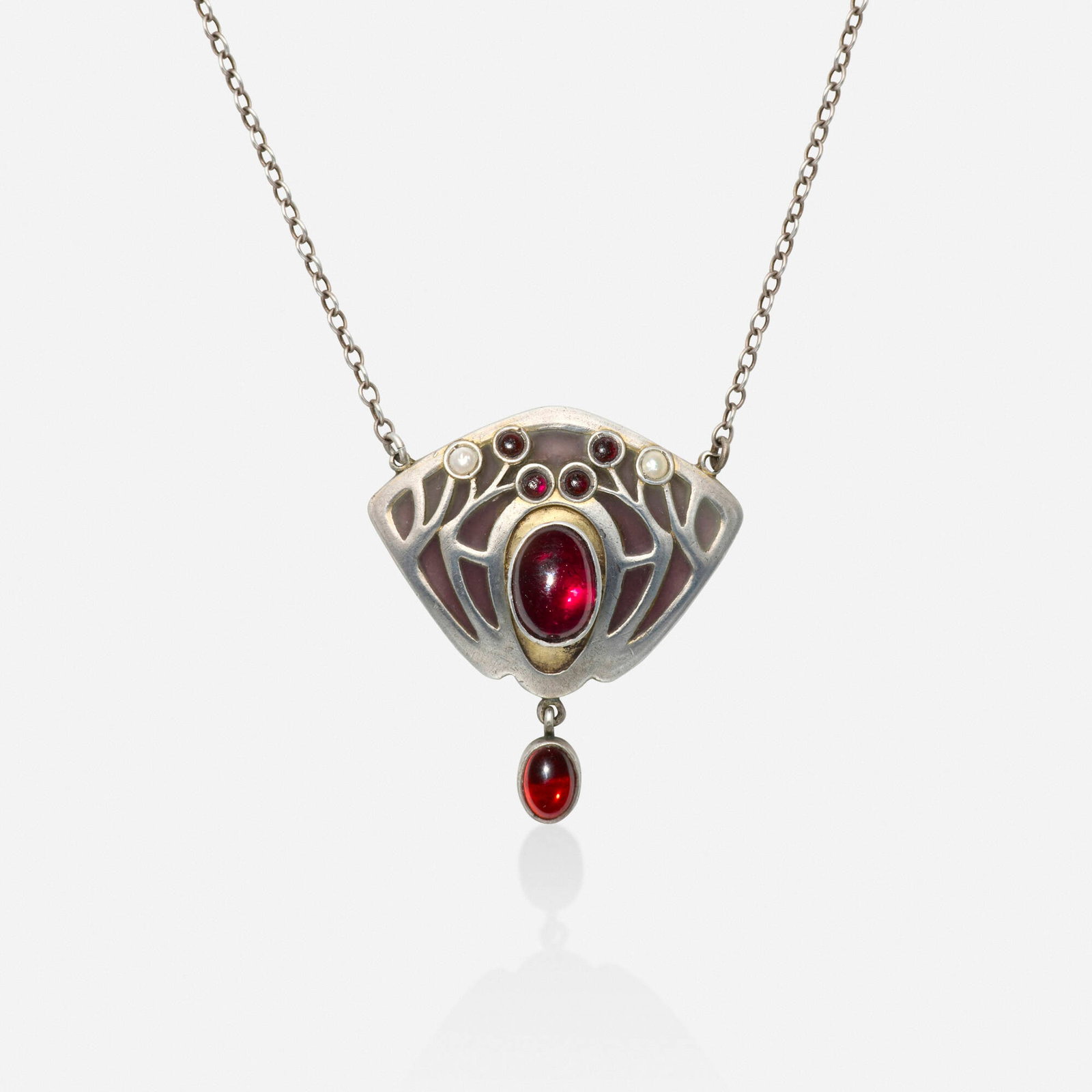 Otto Prutscher for Heinrich Levinger, Arts & Crafts enamel, garnet, and seed pearl necklace: Otto Prutscher for Heinrich Levinger Arts & Crafts enamel, garnet, and seed pearl necklace The pendant of plique-a-jour enamel, set with cabochon garnets and seed pearls, suspended from the fine link
