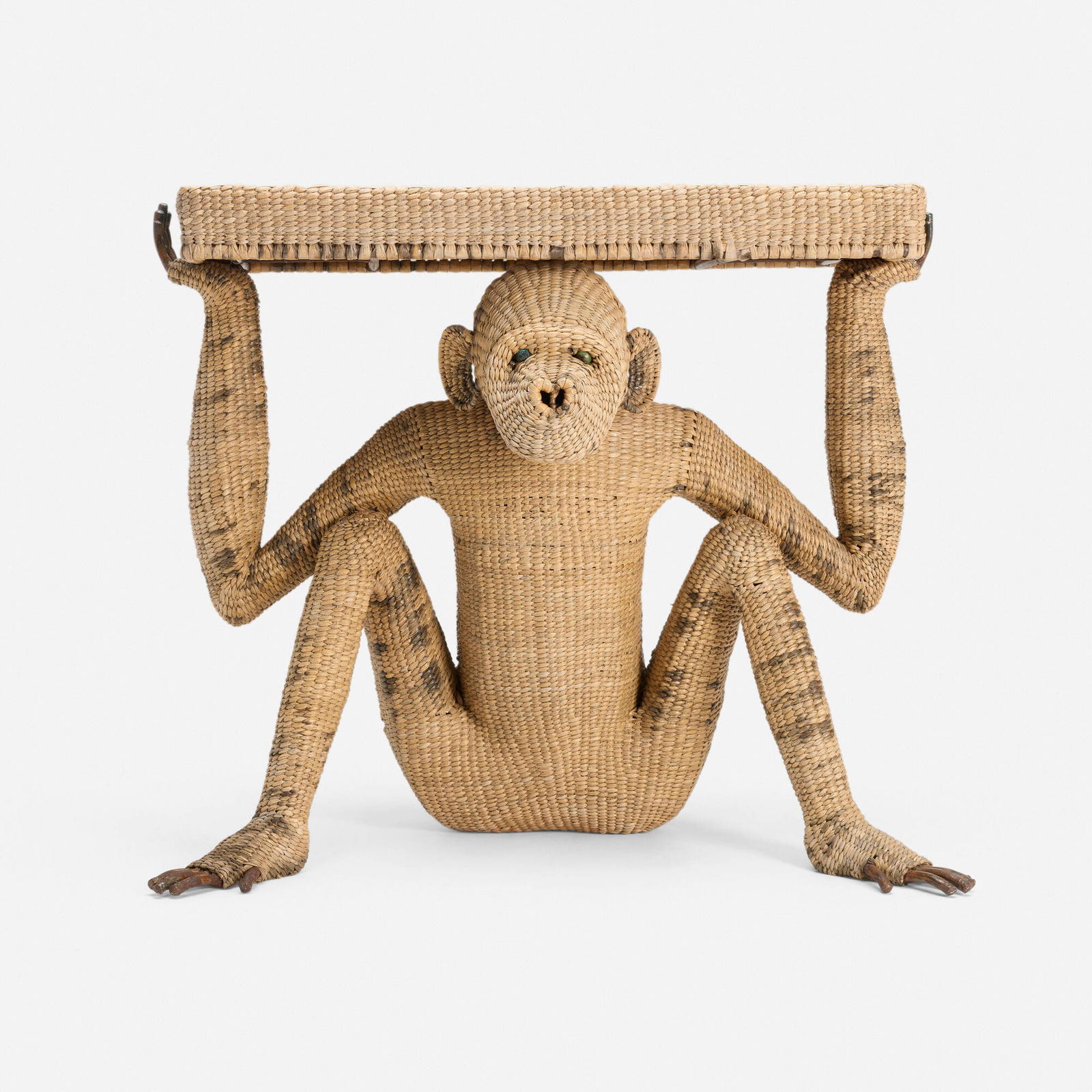 Mario Lopez Torres, Monkey console table: Mario Lopez Torres Monkey console table Mexico, 1974woven rattan, lacquered steel 32.25 h x 38 w x 22.5 d in (82 x 97 x 57 cm) Brass manufacturer's label to proper lower right leg 'Taller Ihua