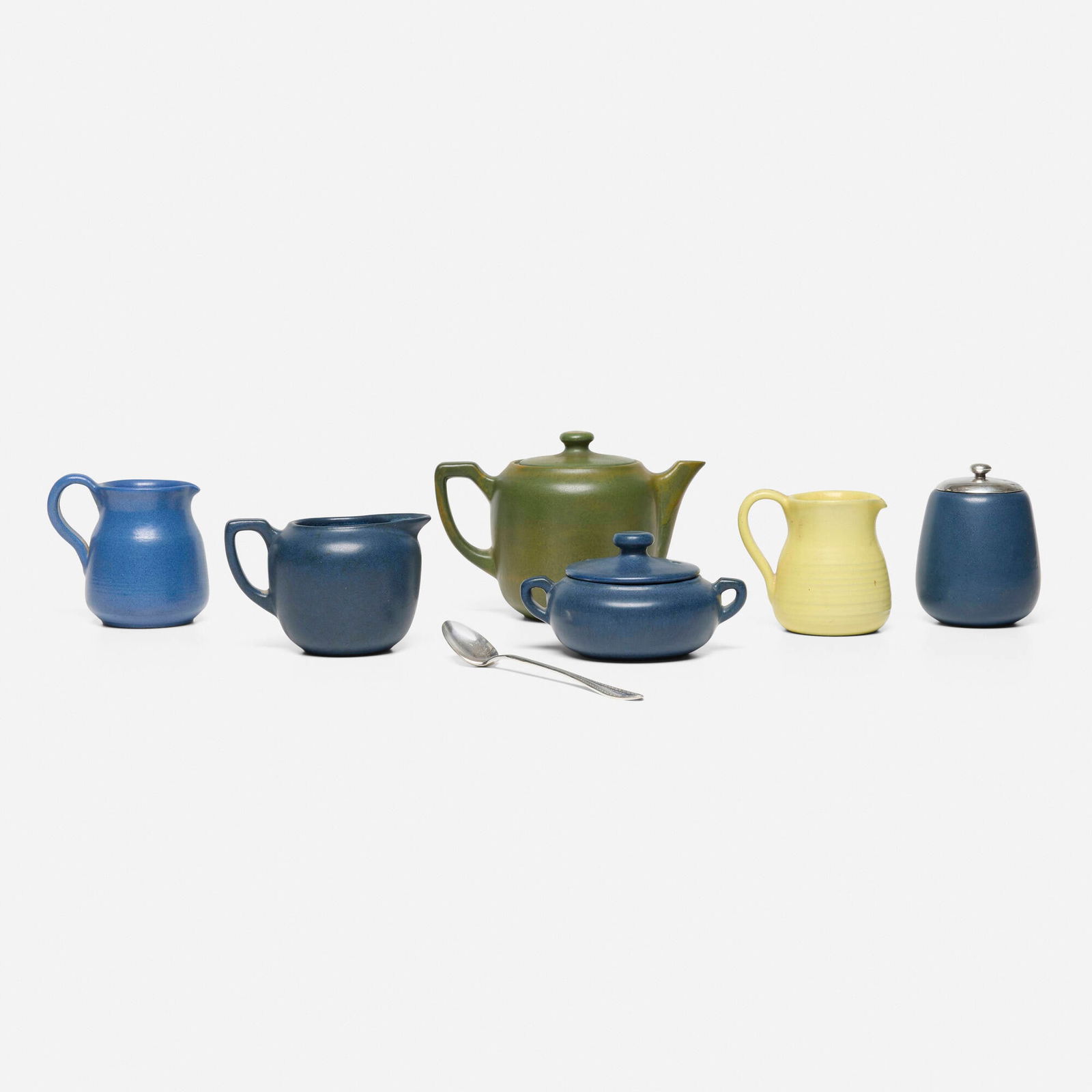 Marblehead Pottery, Collection of six works: Marblehead Pottery Collection of six works USA, c. 1920glazed earthenware, silver-plated metal largest: 5 h x 7 w x 4.5 d in (13 x 18 x 11 cm) smallest: 3 h x 5.5 w x 4.5 d in (8 x 14 x 11 cm)