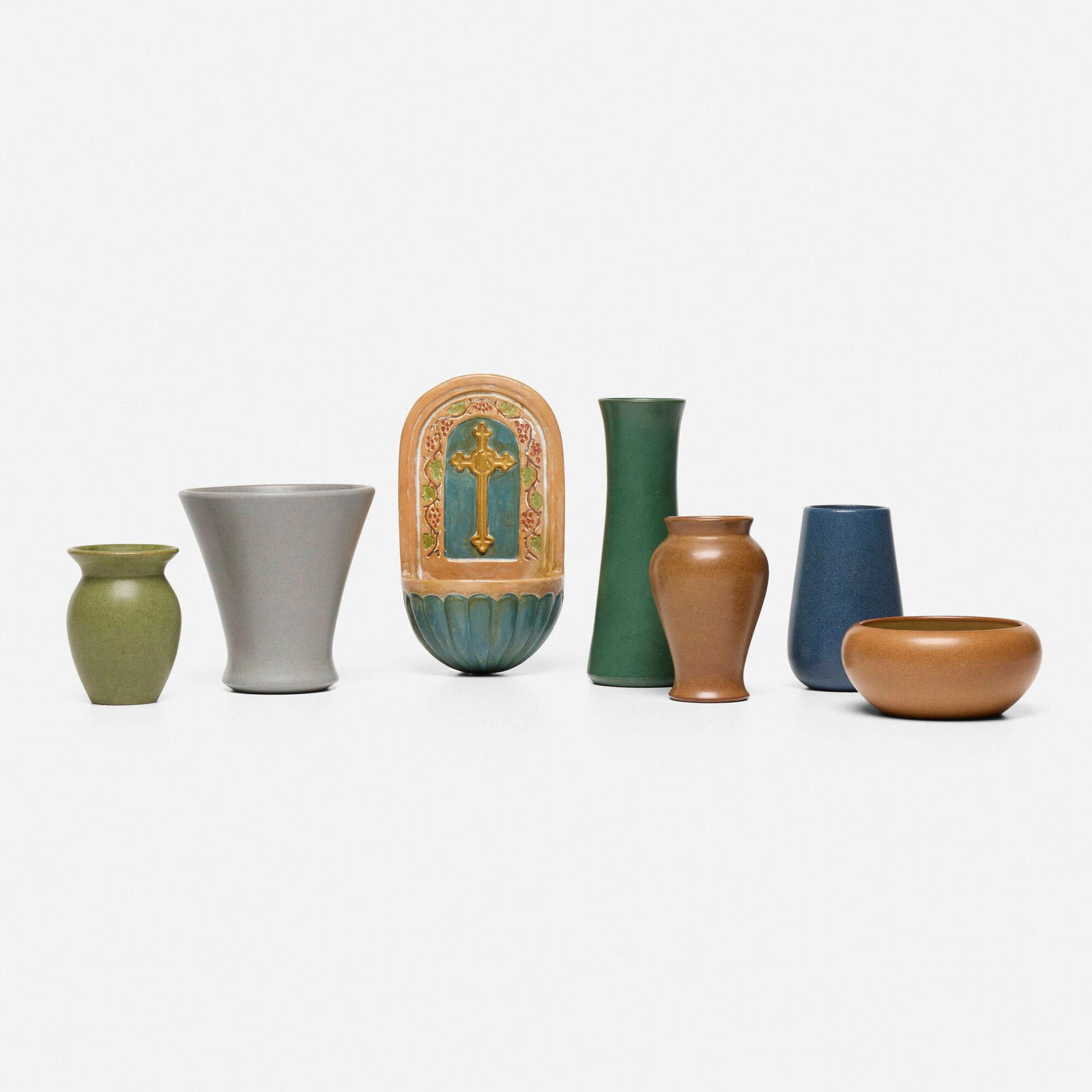 Marblehead Pottery, Collection of six works: Marblehead Pottery Collection of six works USA, c. 1920glazed earthenware largest: 5.5 h x 5.25 dia in (14 x 13 cm) smallest: 5 h x 3.25 dia in (13 x 8 cm) Collection is comprised of four v