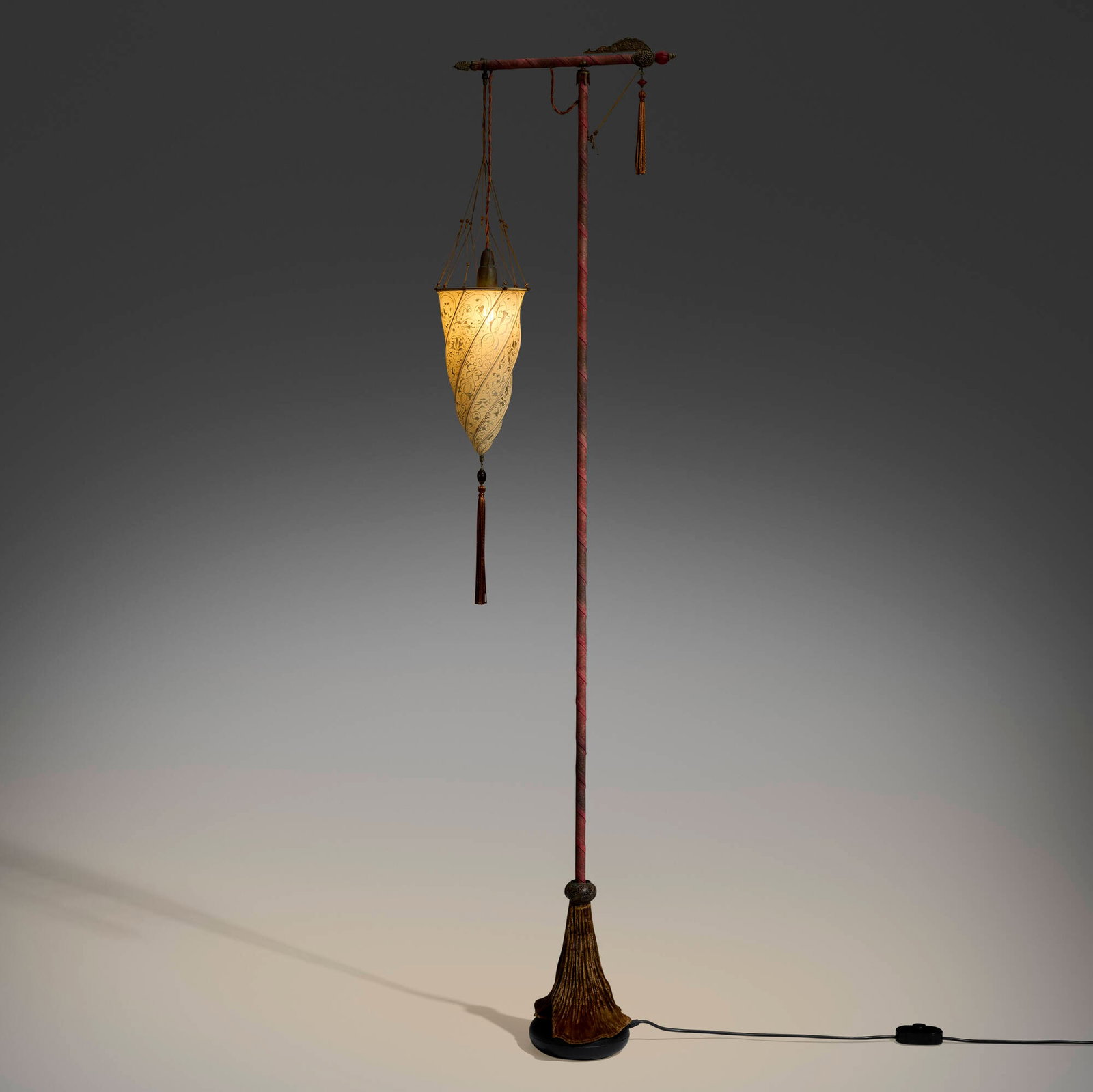 Mariano Fortuny, Cesendello floor lamp: Mariano Fortuny Cesendello floor lamp Venetia Studium for FortunySpain / Italy, c. 2000screenprinted silk, brass, glass beads, silk tassels, painted iron, velvet 69.5 h x 7 w x 17 d in (177 x 1