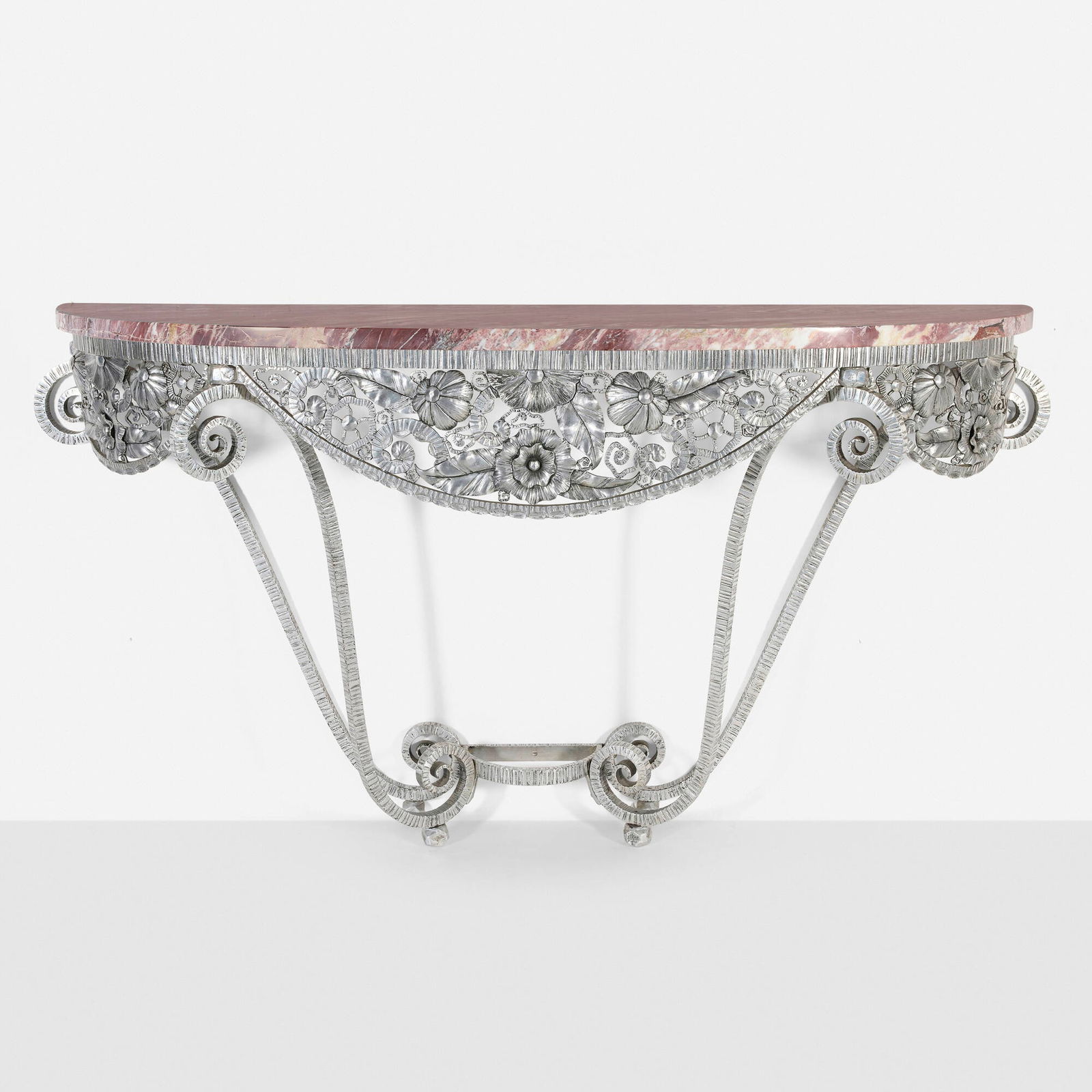 Edgar Brandt, La Simplicite console table: Edgar Brandt La Simplicite console table France, c. 1922silvered wrought iron, marble 36 h x 67.5 w x 16 d in (91 x 171 x 41 cm) Sold with a digital copy of the certificate of authenticity fro