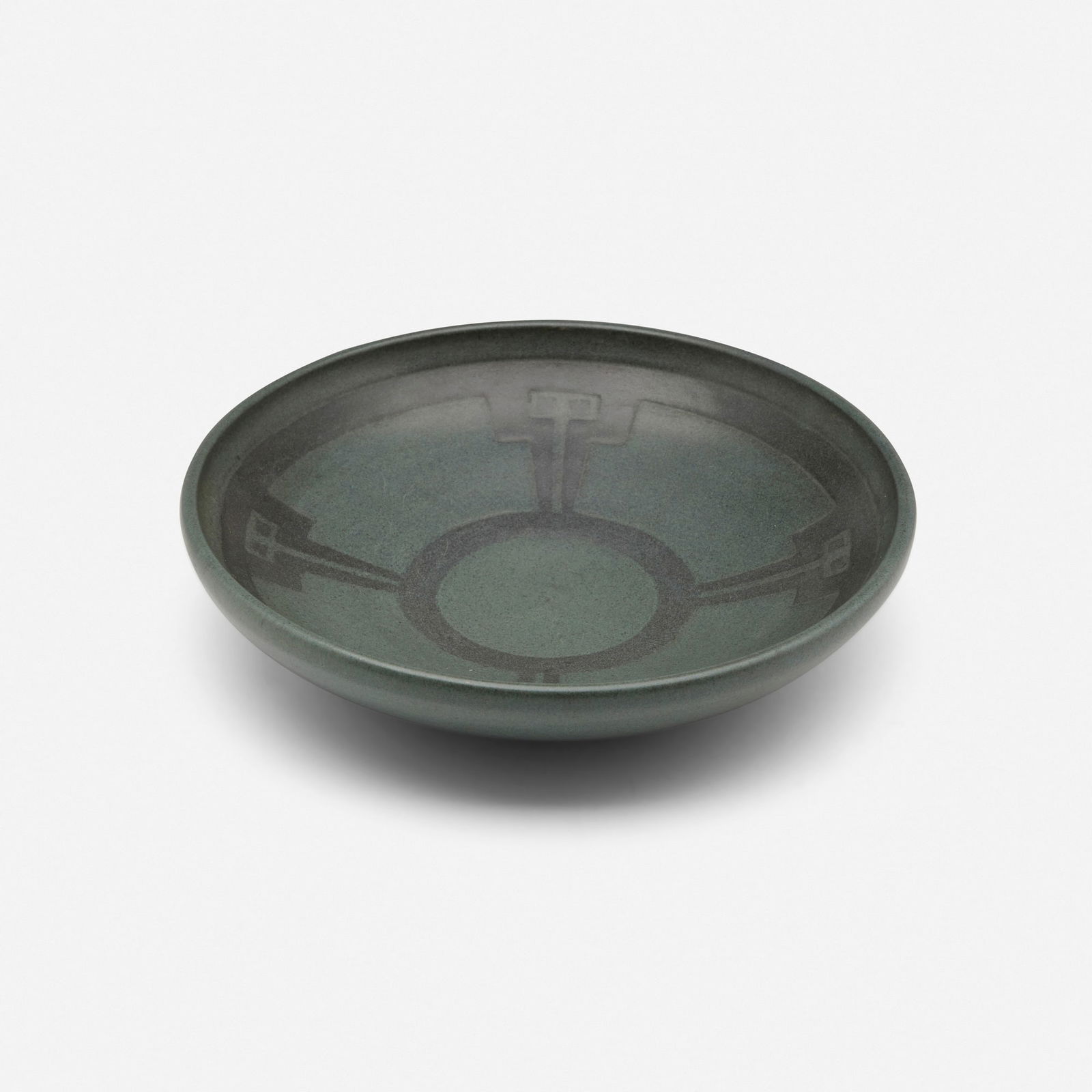 Marblehead Pottery, Rare low bowl with geometric design: Marblehead Pottery Rare low bowl with geometric design USA, 1908-20glazed earthenware 2 h x 8.75 dia in (5 x 22 cm) Impressed manufacturer's mark to underside 'MP' with ship symbol.